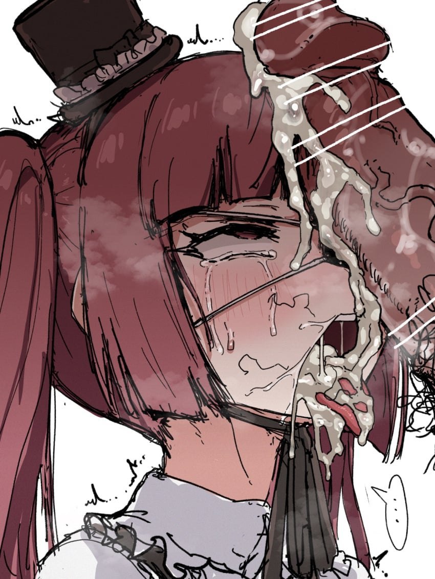 1boy, 1girls, after fellatio, ahe gao, artist request, bangs, censored, cum, cum drip, cum in mouth, eyepatch, female, hanazono yurine, jashin-chan dropkick, large penis, light skin, light-skinned female, light-skinned male, male, mind break, mini hat, open mouth, penis, penis on face, red hair, straight, stray pubic hair, tear, tongue out, top hat, twintails