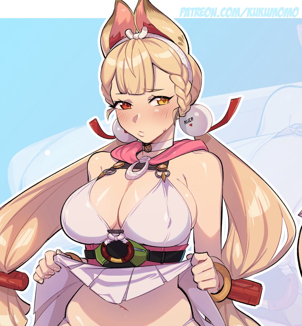 1girls, alice thymefield, alice thymefield (sea of thyme), blonde hair, breasts, cleavage, female, female focus, female only, heterochromia, highres, kukumomo, large breasts, light skin, light-skinned female, looking away, navel, official alternate costume, red eye, red eyes, solo, swimsuit, twintails, wide hips, yellow eye, yellow eyes, zenless zone zero