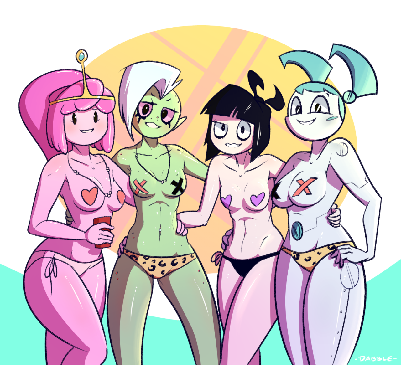 2016, 4girls, adult swim, adventure time, alien, aqua hair, ass, black eyes, black hair, black panties, blush, breasts, cartoon network, creepy susie, crossover, dabble, disney, disney channel, female, female only, fingers, goth, green skin, gynoid, hand on hip, hands, heart pasties, hips, jenny wakeman, legs, long hair, looking at viewer, lord dominator, machine, medium breasts, multiple females, multiple girls, my life as a teenage robot, necklace, nickelodeon, pasties, pink hair, pink panties, pink sclera, pink skin, pointy ears, ponytail, princess bubblegum, robot, short hair, smile, smooth skin, standing, stomach, teenager, the oblongs, tiara, tied hair, topless, twintails, wander over yonder, white hair, x pasties