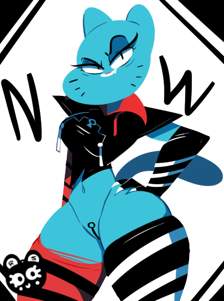 2016 anthro blue_fur bottomless breasts cartoon_network clitoris clothed clothing feline female fur legwear looking_at_viewer mammal nails navel nicole_watterson pose pussy raamskorge simple_background solo text the_amazing_world_of_gumball thigh_highs whiskers