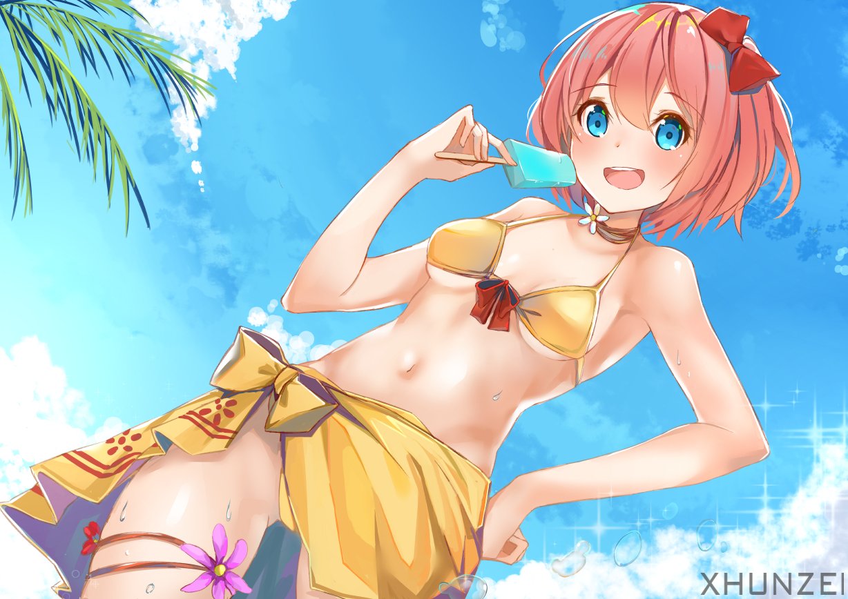 1girls artist_name bikini bikini_bottom bikini_skirt bikini_top blue_eyes blue_popsicle bow breasts clouds detailed_background doki_doki_literature_club eyebrows_visible_through_hair female flower flowers hairbow just_sayori looking_at_viewer panties pink_flower popsicle pov pov_eye_contact red_bow red_flower sayori_(doki_doki_literature_club) sky small_breasts smile solo strawberry_blonde_hair sweat thigh_gap thighs wet wholesome xhuntei xhunzei yellow_bikini yellow_bikini_bottom yellow_bikini_top yellow_bow yellow_panties