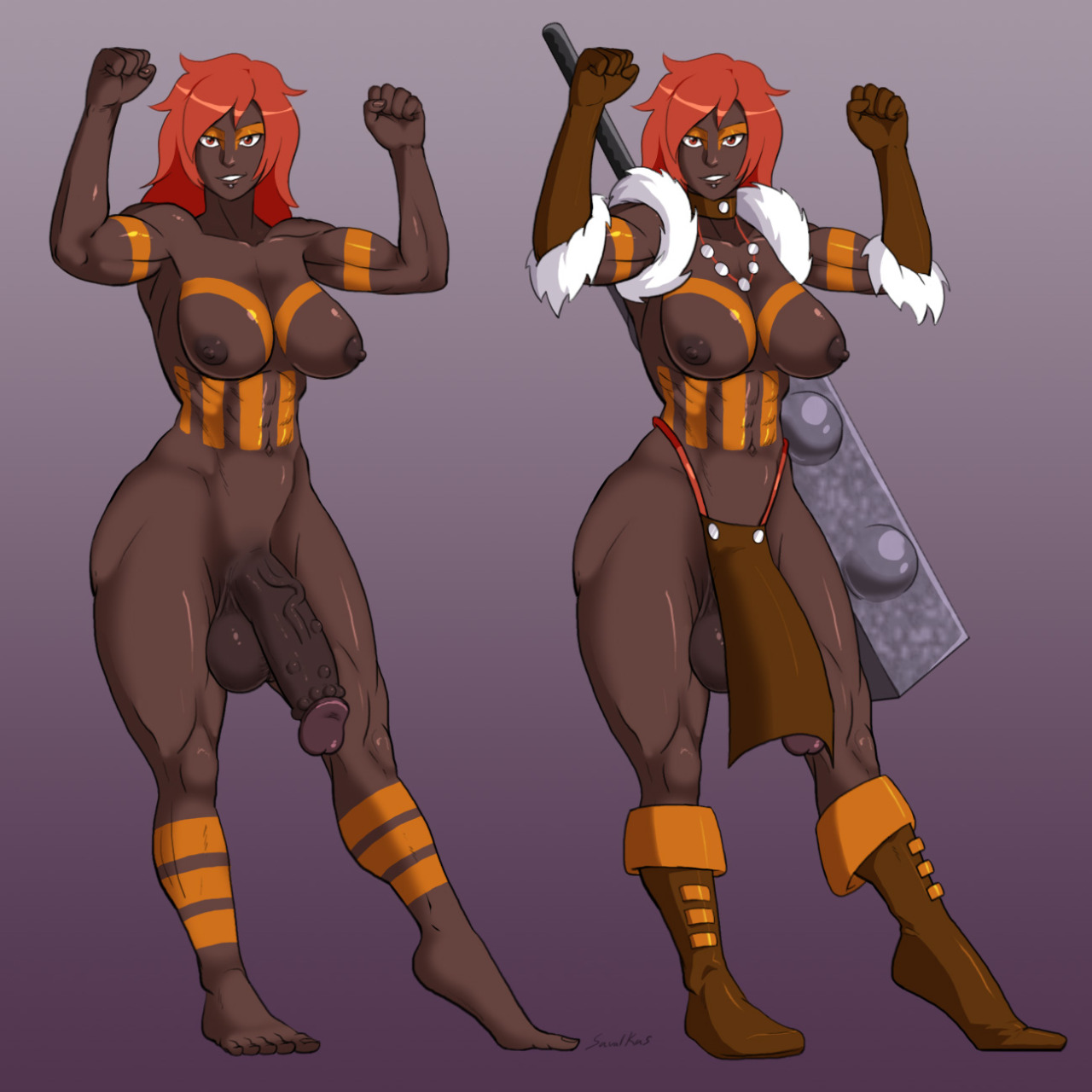 1futa, ahna, amazon, dark skin, dickgirl, full length, full-length portrait, futa only, futanari, intersex, portrait, red hair, savalkas, solo, solo futa, standing