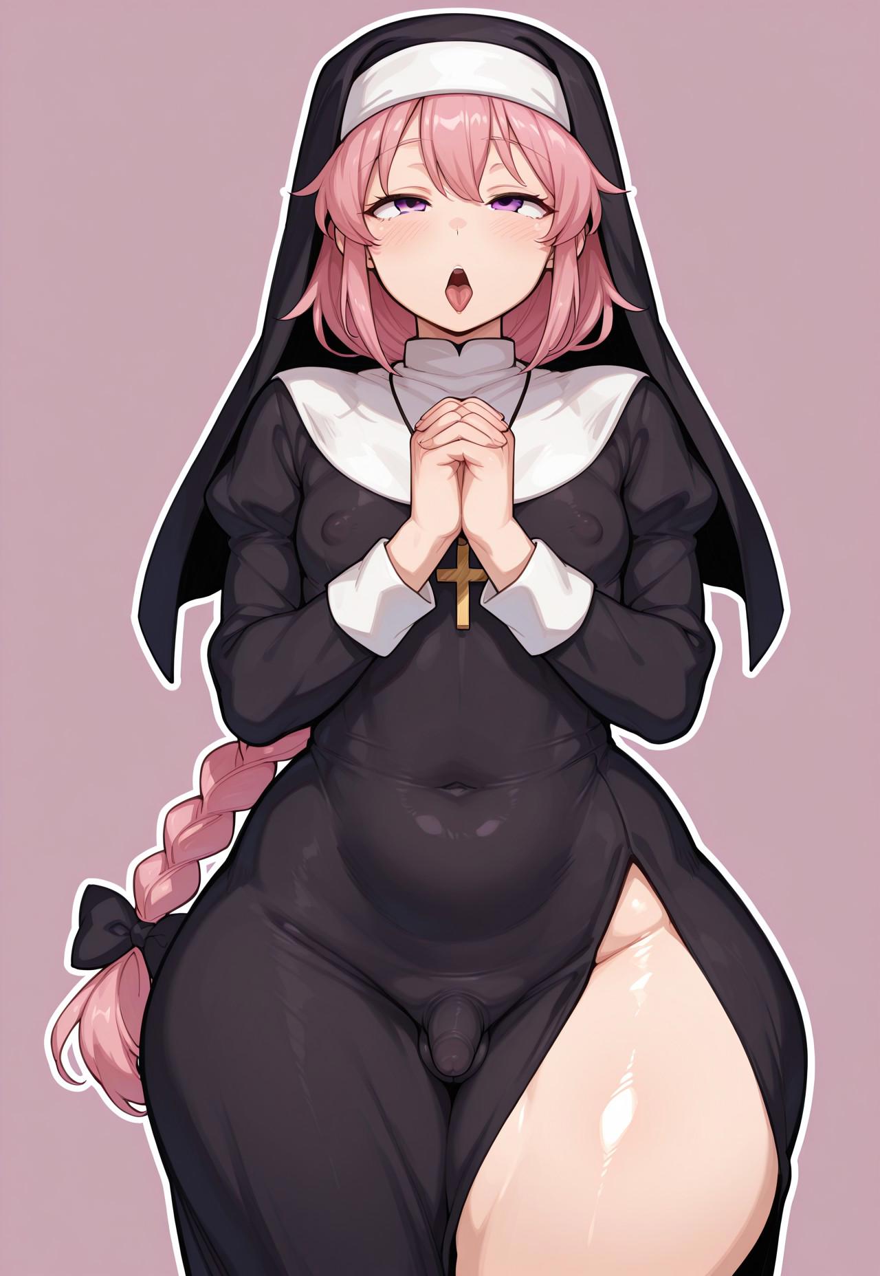 1boy, 1femboy, 2025, ai generated, alternate version available, astolfo (fate), belly, blush, braid, braided hair, bulge, civitai, erect nipples, fate (series), fate/grand order, femboy, feminine male, girly, light-skinned male, male, male only, navel, nipples, nipples visible through clothing, no panties, nun, nun outfit, nun's habit, open mouth, pectorals, penis, penis shaped bulge, penis visible through clothing, pink hair, popstar353, purple eyes, simple background, solo, thick thighs, thighs, tongue, tongue out, trap, wide hips