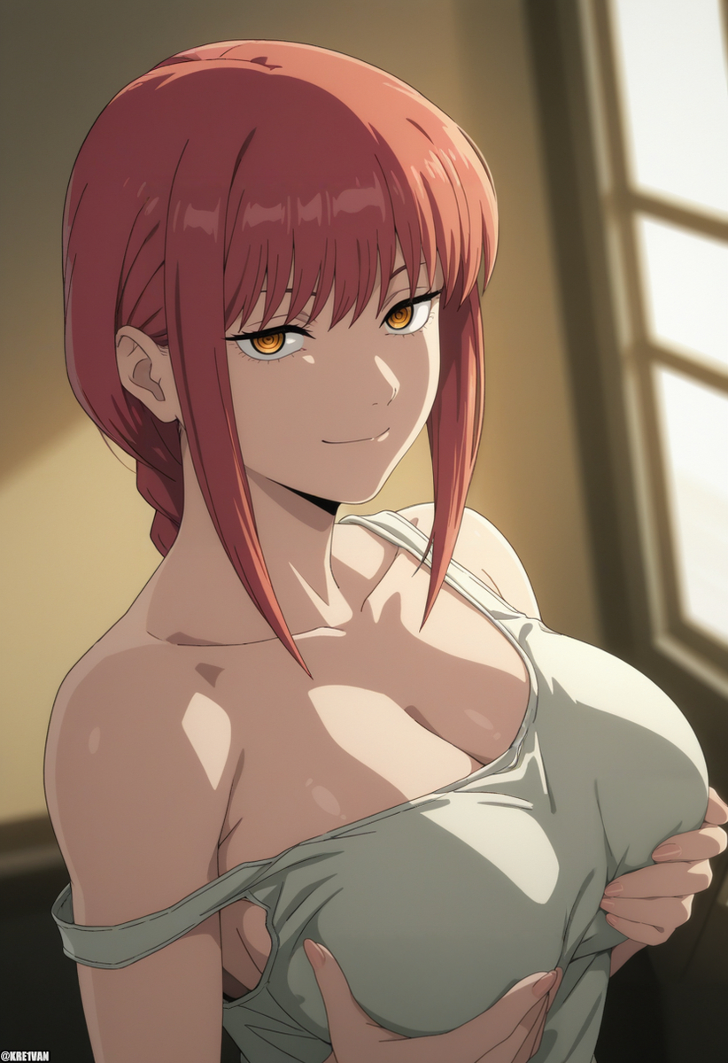 1girls, ai generated, breasts, chainsaw man, grabbing own breast, kreivan, large breasts, makima (chainsaw man), red eyes, red hair, solo