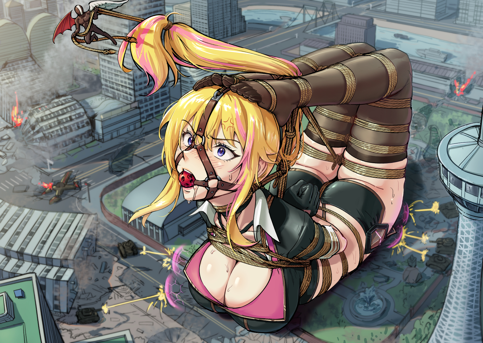 1girls, arms behind back, ball gag, big sub small top, blonde hair, bondage, bound, bound arms, city, cleavage, defeated, drool, drooling, energy shield, female, female focus, femsub, fully clothed, gag, gagged, giantess, gloves, harness gag, outdoors, revealing clothes, root001, rope, short shorts, shorts, size difference, small dom big sub, stockings, super powers, superhero, tank, thighhighs, wings