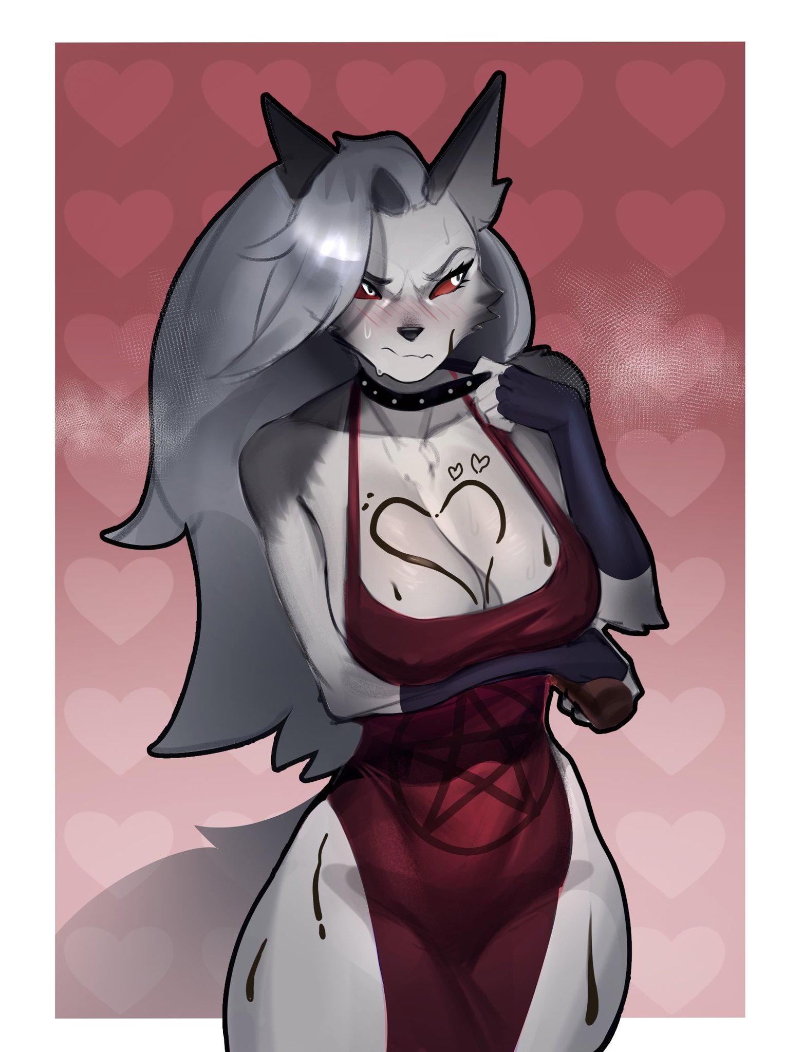 1girls, bare arms, bare legs, bare shoulders, bare thighs, big breasts, bluefoxsart, blush, breasts, clothed, clothing, color, embarrassed, female, female focus, female only, furry, furry female, heart, hellhound, helluva boss, hi res, large breasts, long hair, loona (helluva boss), red eyes, solo, solo female, tagme, thick thighs, towel, white hair, wolf, wolf ears, wolf girl, wolf tail