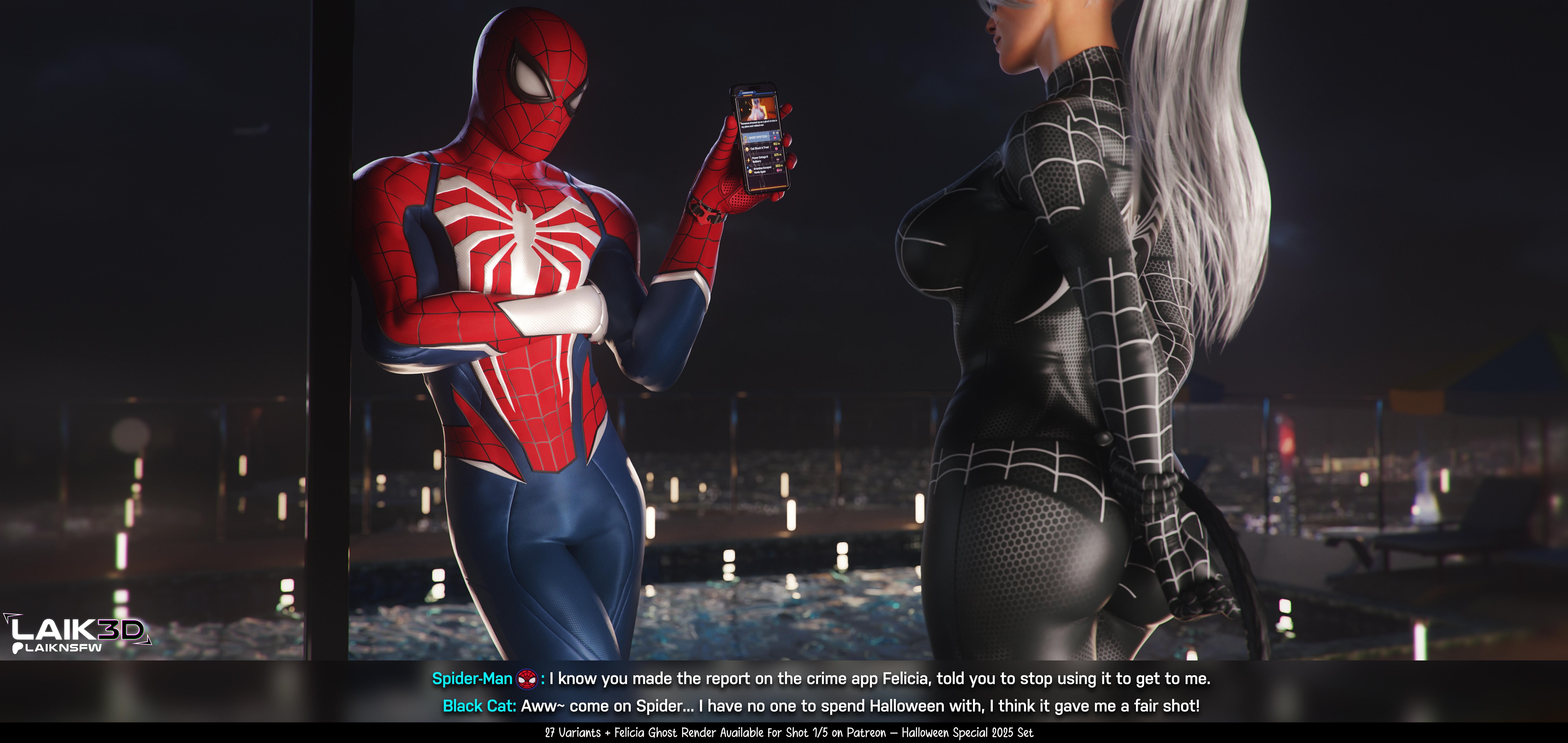 1boy, 1boy1girl, 1girl1boy, 1girls, 2025, 3d, 3d (artwork), ass, big ass, big breasts, big butt, black cat (insomniac), black cat (marvel), blender, bodysuit, breasts, butt, city, city background, comic, comic page, comic panel, cosplay, couple, couple (romantic), couples, dialogue, felicia hardy, female, halloween, halloween costume, hi res, high quality, high resolution, highres, hips, hourglass figure, insomniac games, itslaiknsfw, laik3d, laiknsfw, light skin, light-skinned female, male, male/female, marvel, marvel comics, mask, masked, masked male, medium ass, medium breasts, night, peter parker, phone, ponytail, romantic, romantic couple, seductive, seductive look, self upload, shiny, shiny clothes, shiny skin, skin tight, spider-man, spider-man (insomniac series), spider-man (insomniac), spider-man (series), spider-man 2 (ps5), spider-woman (cosplay), straight, subtitled, superhero, superhero couple, superheroine, symbiote suit, thick ass, thick breasts, thick butt, tight clothes, tight clothing, voluptuous, voluptuous female, waist, whip, white hair