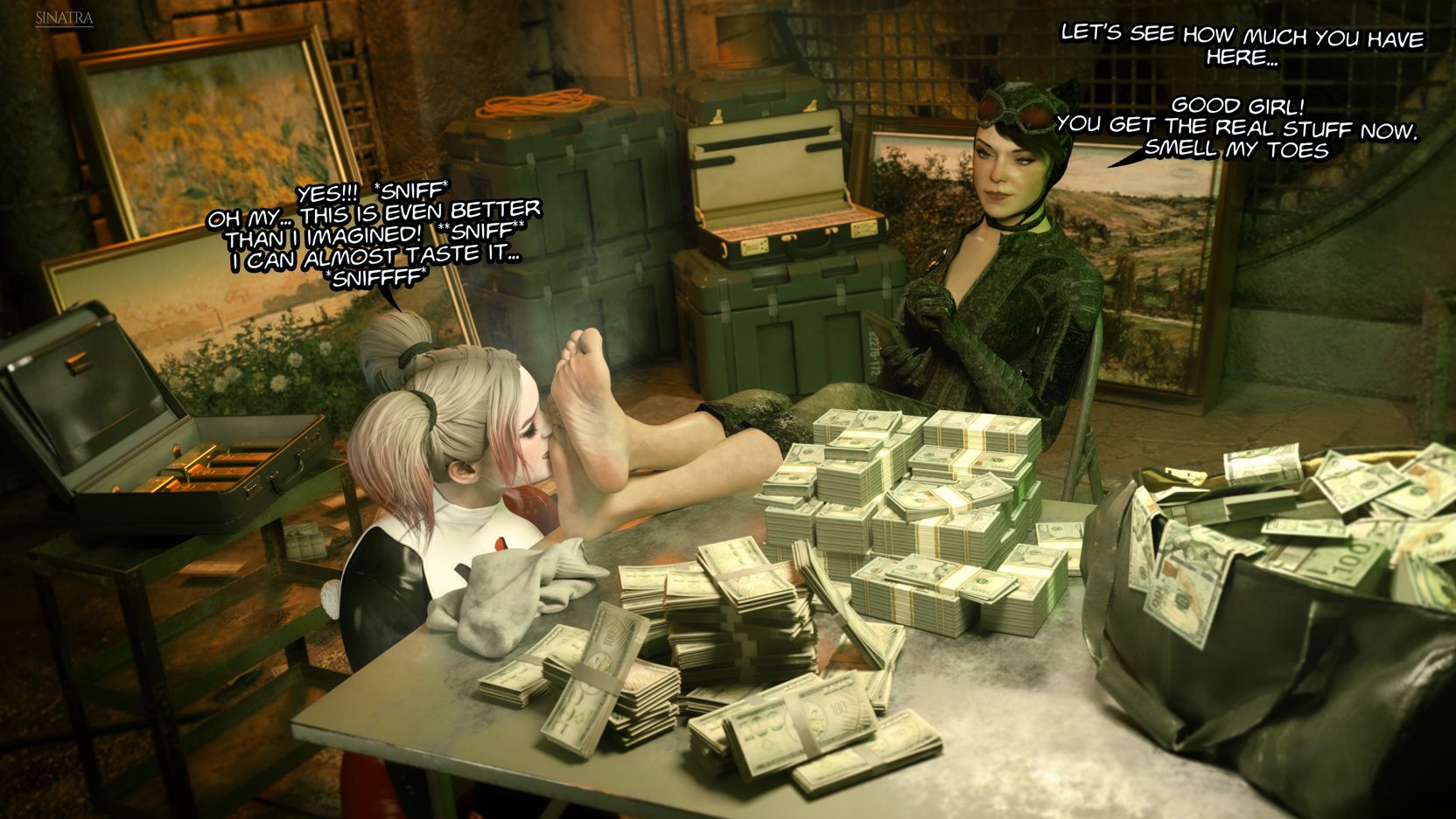 2girls, 3d, 3d (artwork), 3d model, 3d render, artist name, batman (series), batman: arkham knight, black hair, blonde hair, bodysuit, briefcase, catsuit, catwoman, catwoman (arkham knight), catwoman (arkham), cleavage, closed eyes, counting money, dc, dc comics, dialogue, english, english text, feet, female, female only, femdom, femsub, financial domination, findom, foot fetish, foot play, foot worship, goggles, goggles on head, gold bar, harley quinn, harley quinn (classic), harley quinn (injustice), injustice 2, jester, jester outfit, kneeling, kneeling female, money, musk, musk clouds, musky, musky feet, pink highlights, selina kyle, sinatra, socks, socks removed, twintails