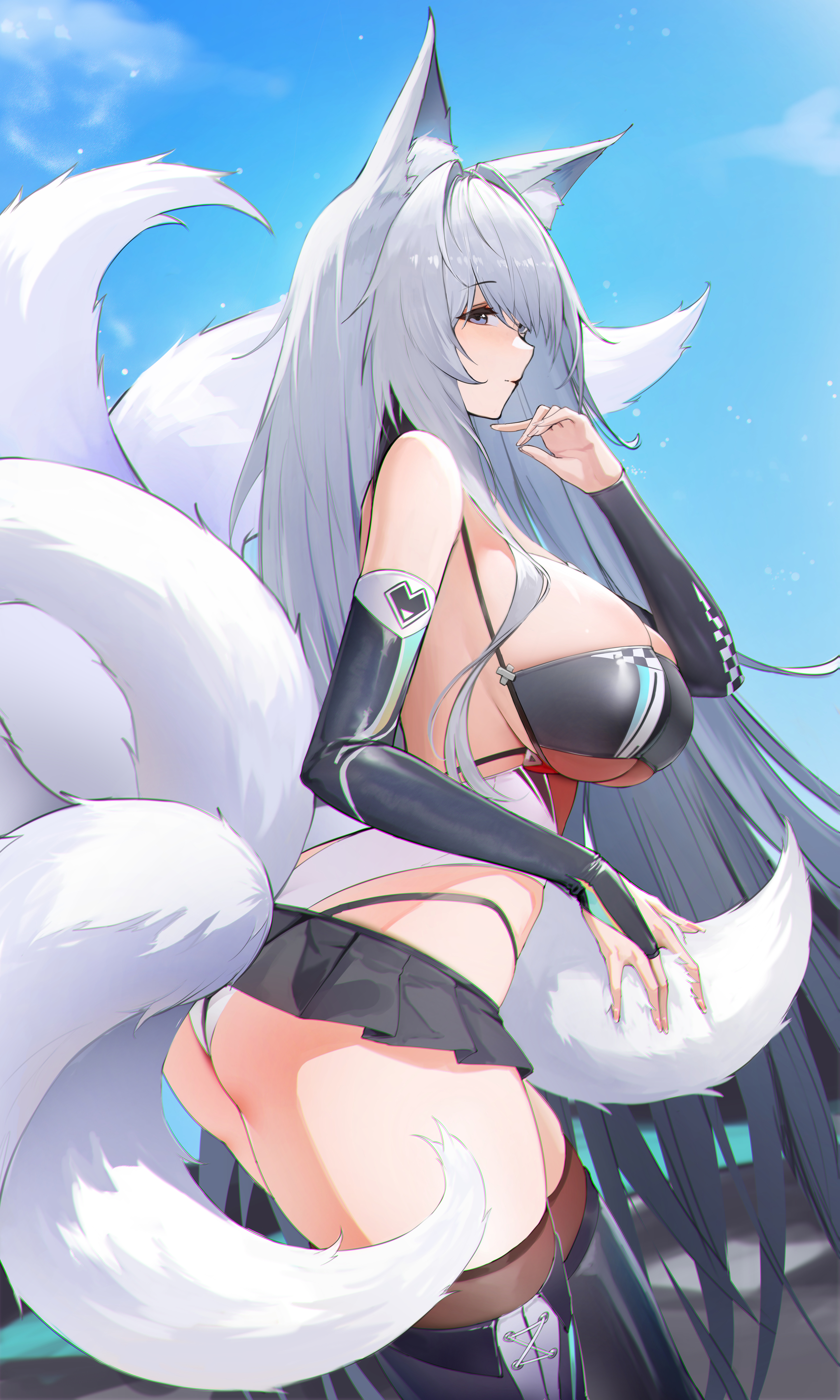 animal ear fluff, animal ears, ass, azur lane, bare shoulders, black skirt, black thighhighs, blue eyes, blue sky, blush, boots, breasts, bridal gauntlets, cg, female, fox ears, fox girl, fox tail, from side, grey hair, highleg, kitsune, kyuubi, large breasts, leotard, long hair, looking at viewer, microskirt, miniskirt, multi tail, official alternate costume, outdoors, panties, parted lips, pleated skirt, race queen, shinano (azur lane), shinano (moonlit chrome) (azur lane), sideboob, skirt, sky, solo, tail, thigh boots, thighhighs, thighs, underwear, very long hair, white hair, white tail