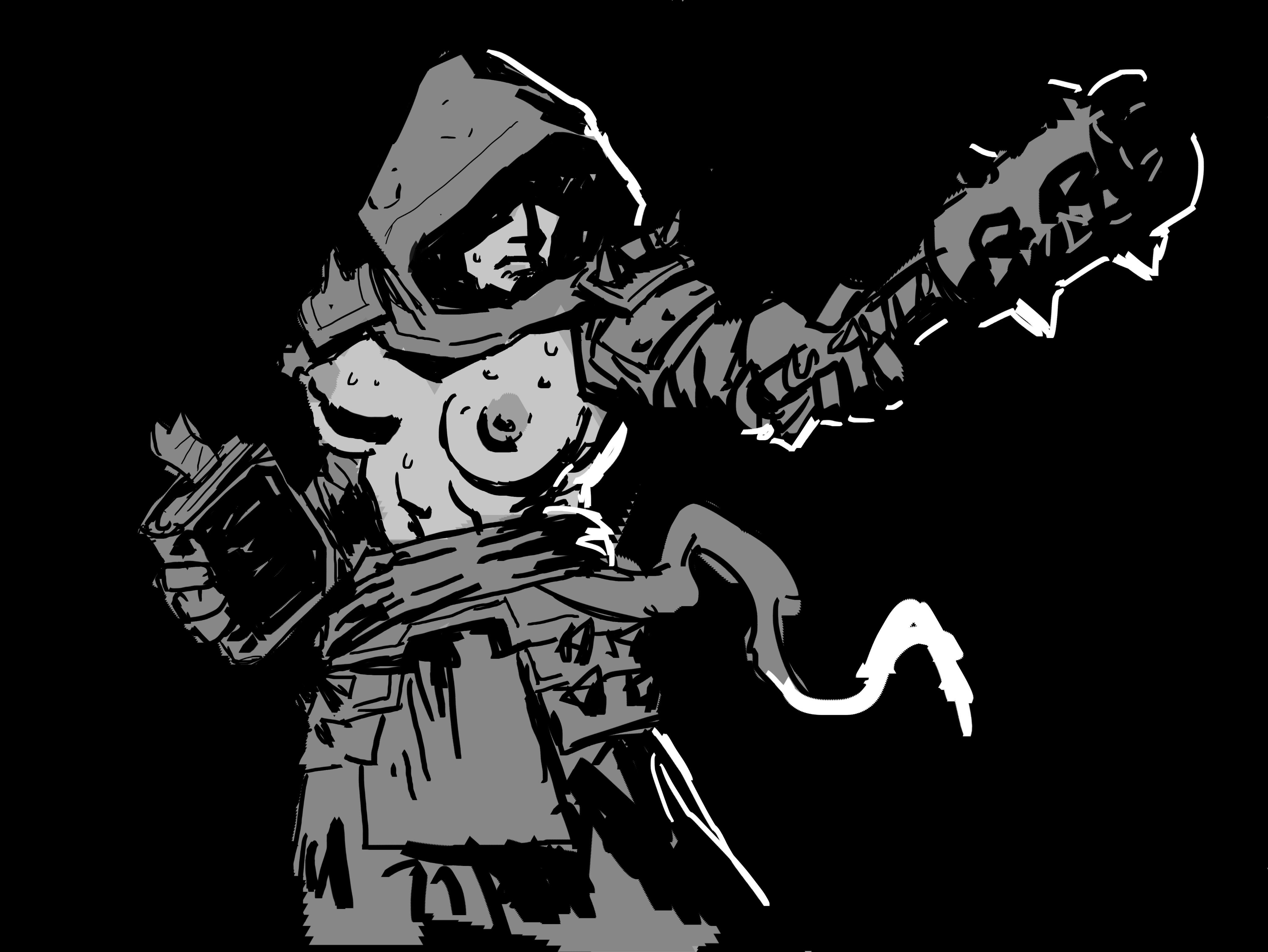 1girls, 2025, armor, big breasts, book, breasts, breasts out, cloak, darkest dungeon, female, hi res, justsomenoob, mace, melee weapon, monochrome, nun, nun outfit, solo, sweat, topless, vestal (darkest dungeon), weapon