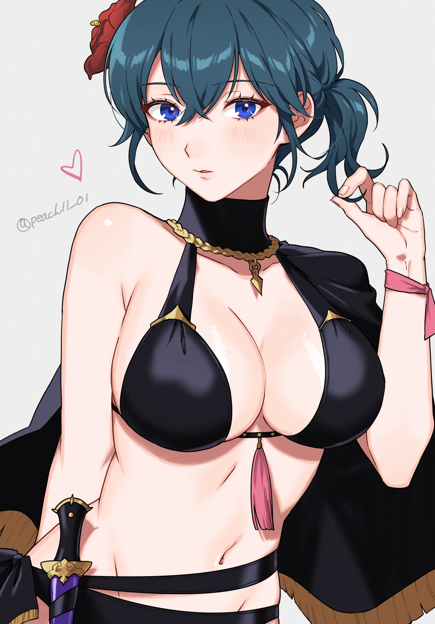 1girls, alluring, alternate hairstyle, big breasts, bikini, black bikini, blue eyes, breasts, byleth (fire emblem), byleth (fire emblem) (female), byleth (jehanna) (fire emblem (female), byleth (summer) (fire emblem) (female), cleavage, dagger, female, fire emblem, fire emblem: three houses, flower, grey background, hair flower, hair ornament, hibiscus, high res, intelligent systems, knife, looking at viewer, nintendo, official alternate hairstyle, parted lips, peach11 01, ponytail, red flower, short ponytail, sideboob, simple background, swimsuit, teal hair, upper body, weapon