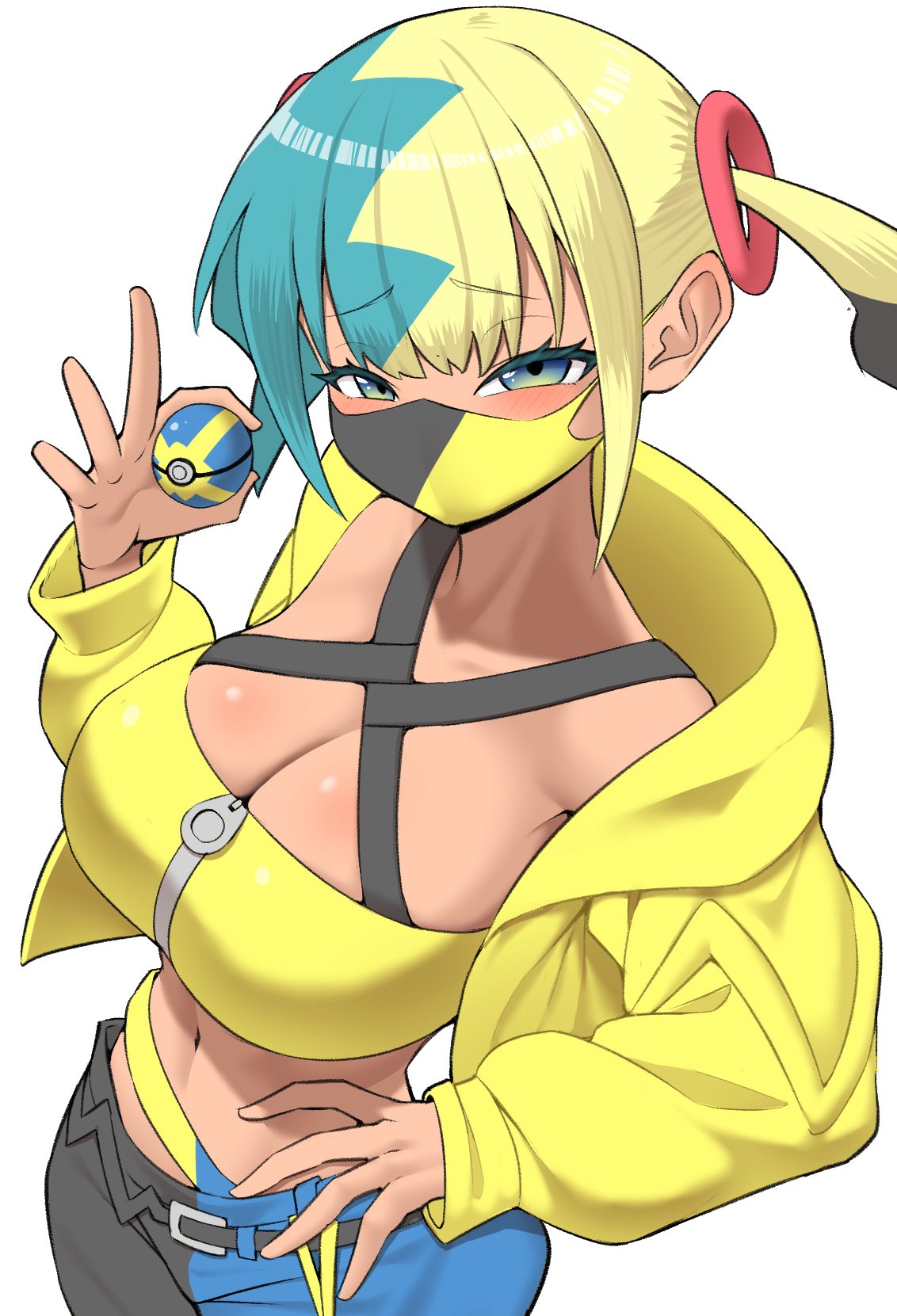 1girls, breasts, canari (pokemon), canary (pokemon), cleavage, female, game freak, large breasts, looking at viewer, mask, multicolored clothing, multicolored hair, multicolored mask, multicolored pants, navel, nintendo, nobunagapero, pokeball, pokemon, pokemon legends: z-a, quick ball, solo, solo female, solo focus, two-tone hair, two-tone mask, two-tone pants, zipper pull tab