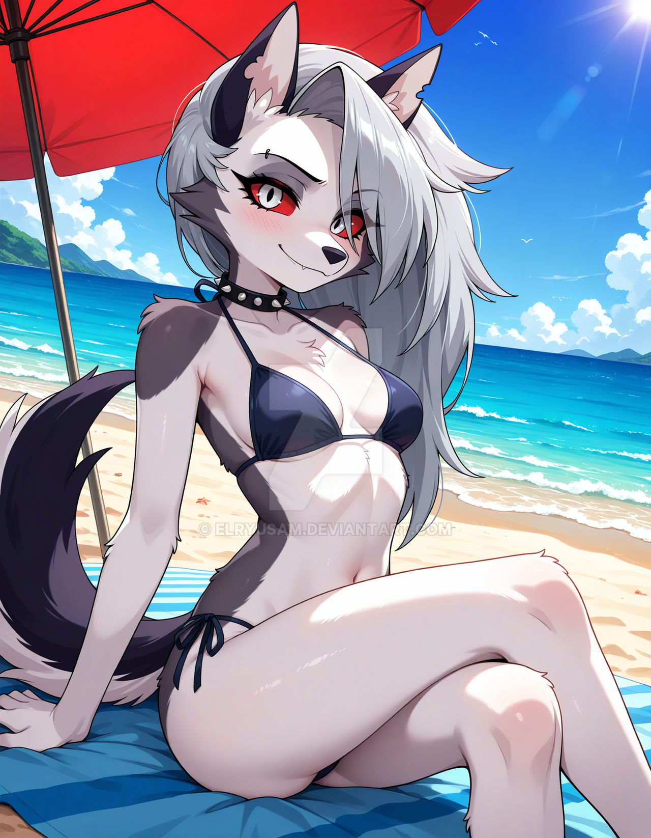 2025, ai generated, beach background, blue bikini, deviantart, elryusam, female, female only, furry, furry female, furry only, helluva boss, looking at viewer, loona (helluva boss), sitting on towel, smile at viewer, smiling at viewer, vivziepop, wolf girl, wolf only, youtube