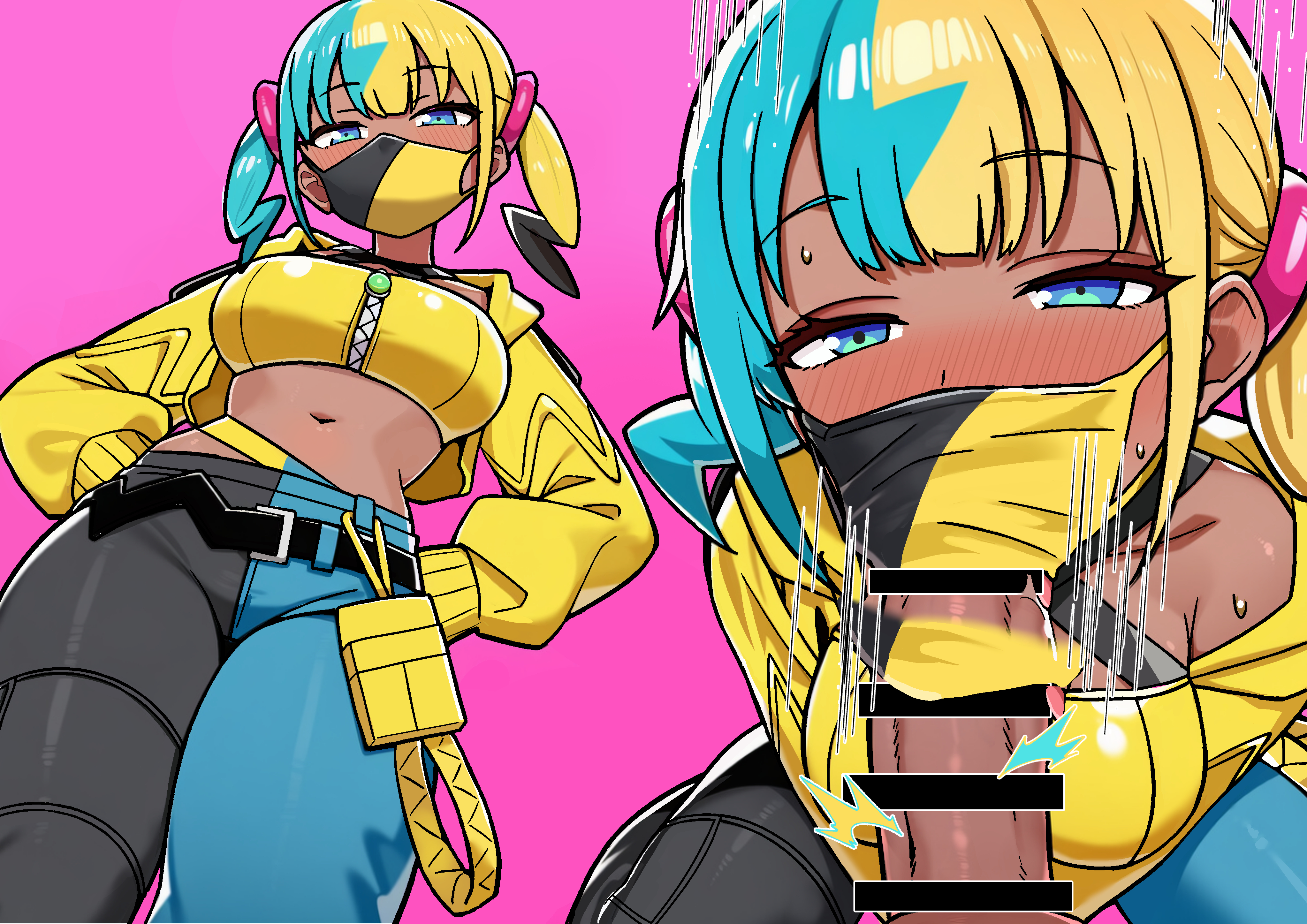1boy, 1girls, absurdres, bandeau, belt, black belt, blue eyes, blush, canari (pokemon), canary (pokemon), commentary request, eyelashes, fellatio, fellatio under mask, female, game freak, hair, half-closed eyes, highres, jacket, long sleeves, male, mask, mouth mask, multicolored clothing, multicolored hair, multicolored mask, multicolored pants, multiple views, navel, nintendo, open clothes, open jacket, oral, pants, pikumin64, pink background, pokemon, pokemon legends: z-a, short twintails, straight, textless, textless version, twintails, two-tone hair, two-tone mask, two-tone pants, yellow bandeau, yellow jacket, zipper, zipper pull tab