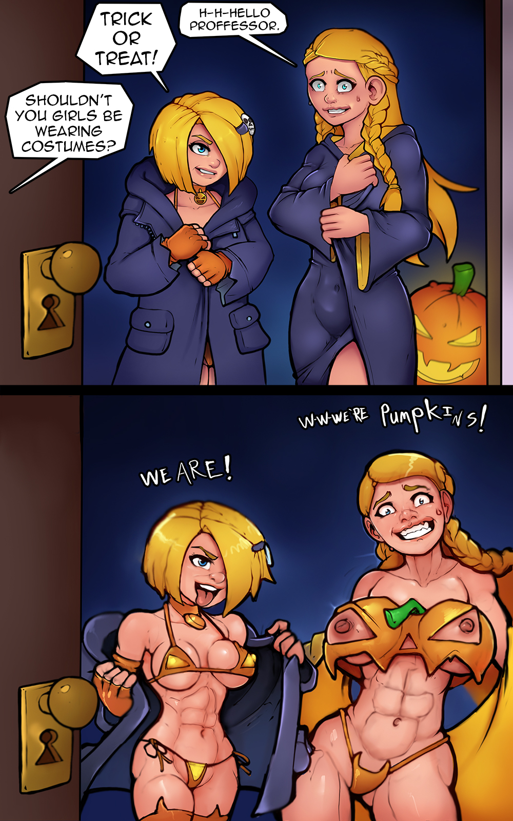 2girls, abs, beatrice haywood, bikini, blonde hair, blue eyes, breasts, duplicate, female, flashing, flashing breasts, hair over one eye, halloween, harry potter, markydaysaid, nervous, penny haywood, siblings, skull hair ornament