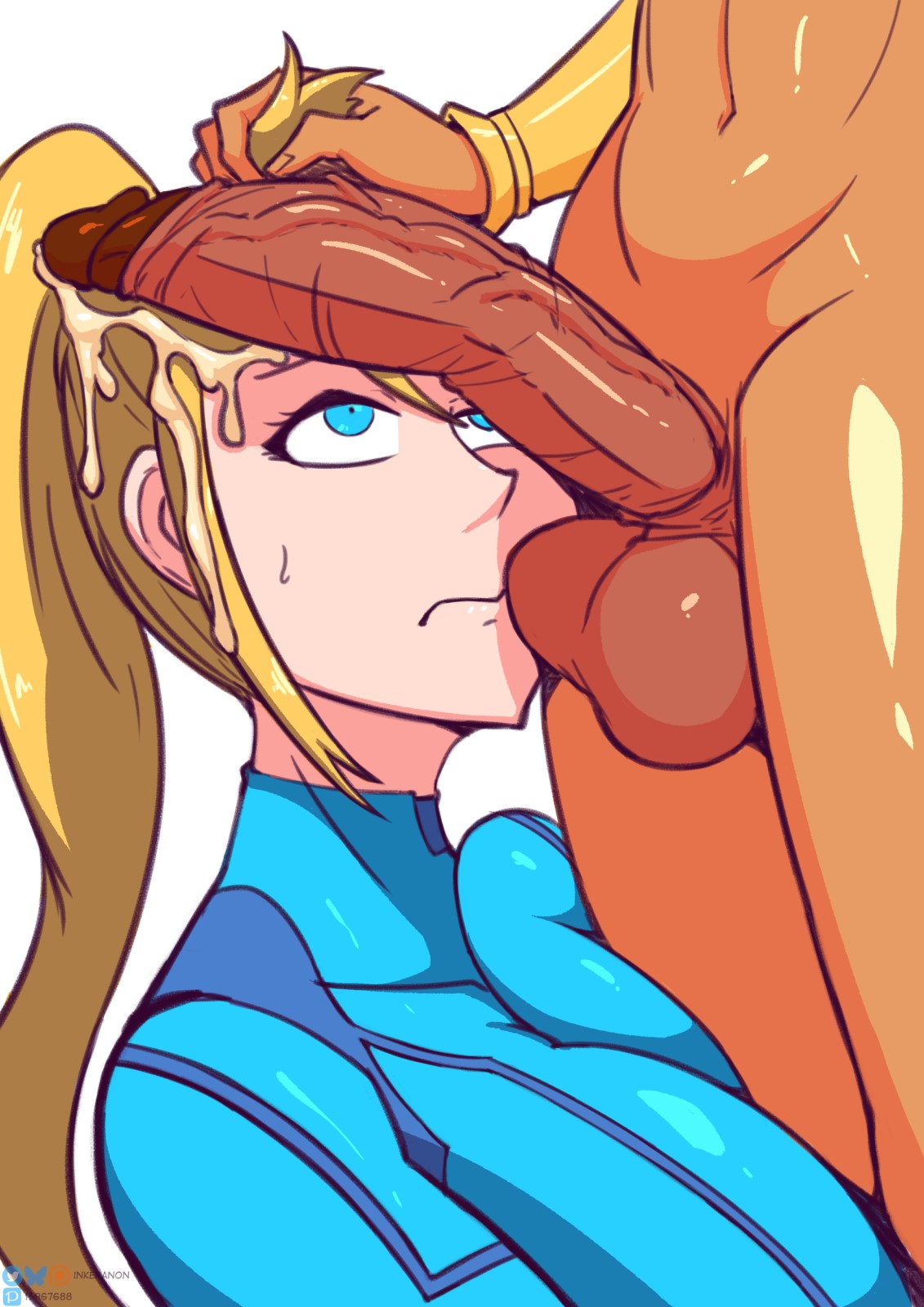 1futa, 1girls, balls, balls on face, big balls, big breasts, big penis, blonde hair, blue eyes, breasts, breasts pressed against partner, crossover, cum, cum on face, cum on hair, dark-skinned futa, eastern and western character, faceless, faceless character, faceless futa, futanari, grabbing hair, huge cock, inkeranon, intersex, large breasts, looking at penis, metroid, penis, penis on face, samus aran, shantae, shantae (character), tagme, veiny penis, zero suit samus