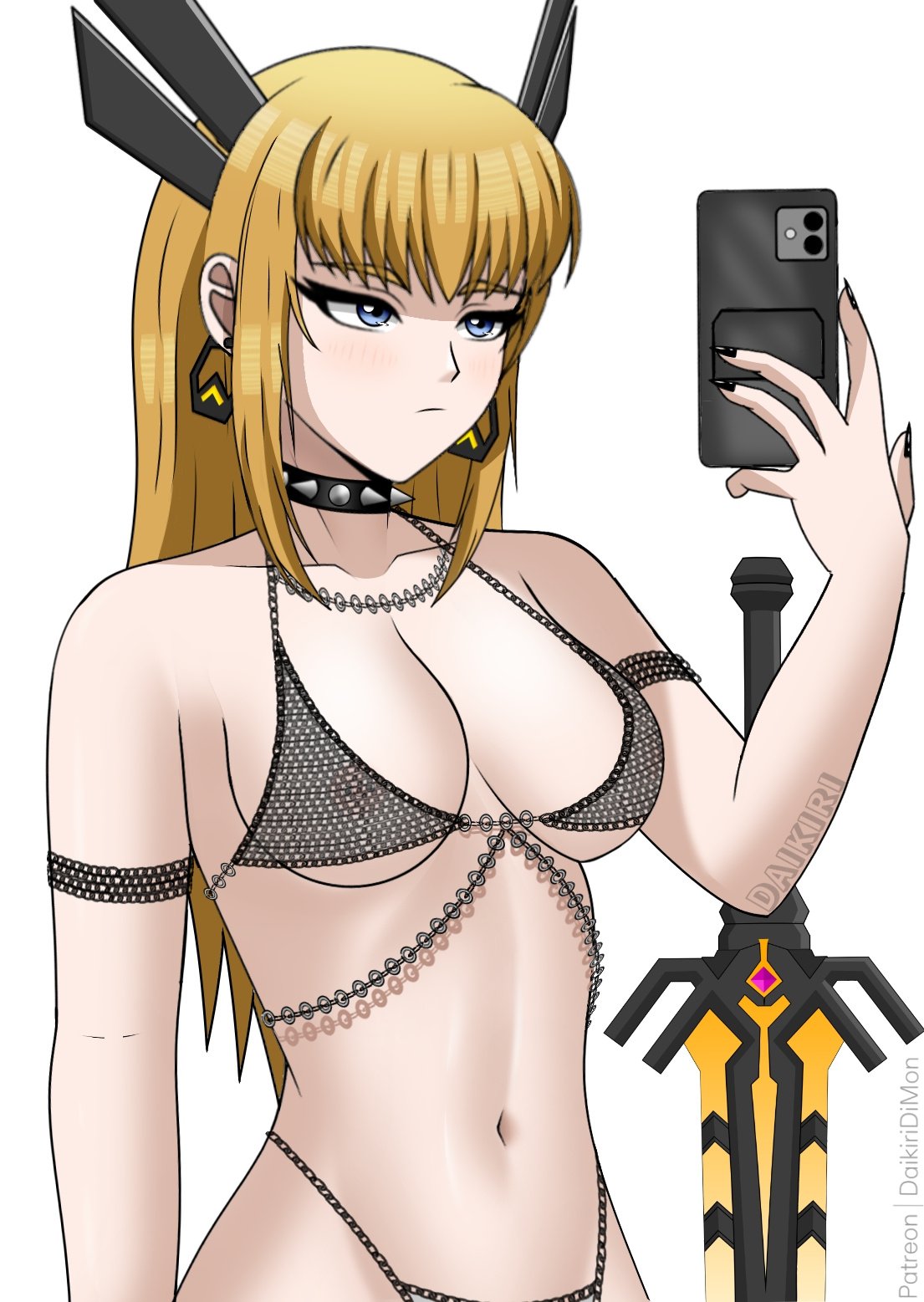 1girls, blonde female, blonde hair, blue eyes, breasts, chainmail bikini, choker, daikiri di mon, female, hair ornament, magik (illyana rasputin), magik (marvel rivals), marvel, marvel comics, marvel rivals, nipple piercing, nipples visible through clothing, patreon username, phone, selfie, selfie pose, spiked collar, sword