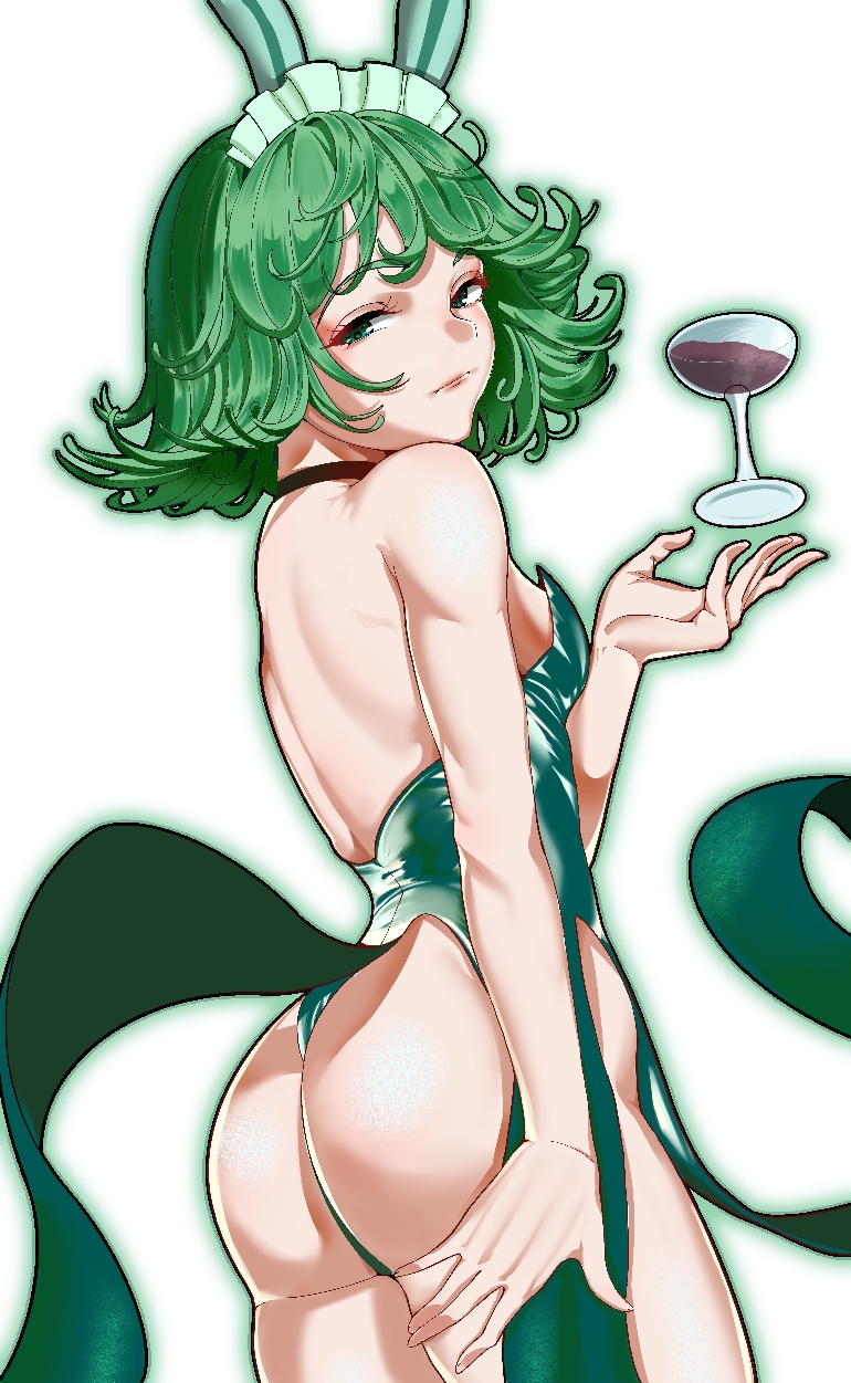 1girls, 2025, 2d, 2d (artwork), ass, big ass, breasts, bunny ears, bunny girl, bunnysuit, butt, choker, clothing, cloudy rain4, esper, female, female only, green eyes, green hair, human, human only, looking back, one-punch man, phat ass, powers, questionable, short hair, sideboob, simple background, small breasts, solo, solo female, superheroine, tatsumaki, telekinesis, white background, wine, wine glass