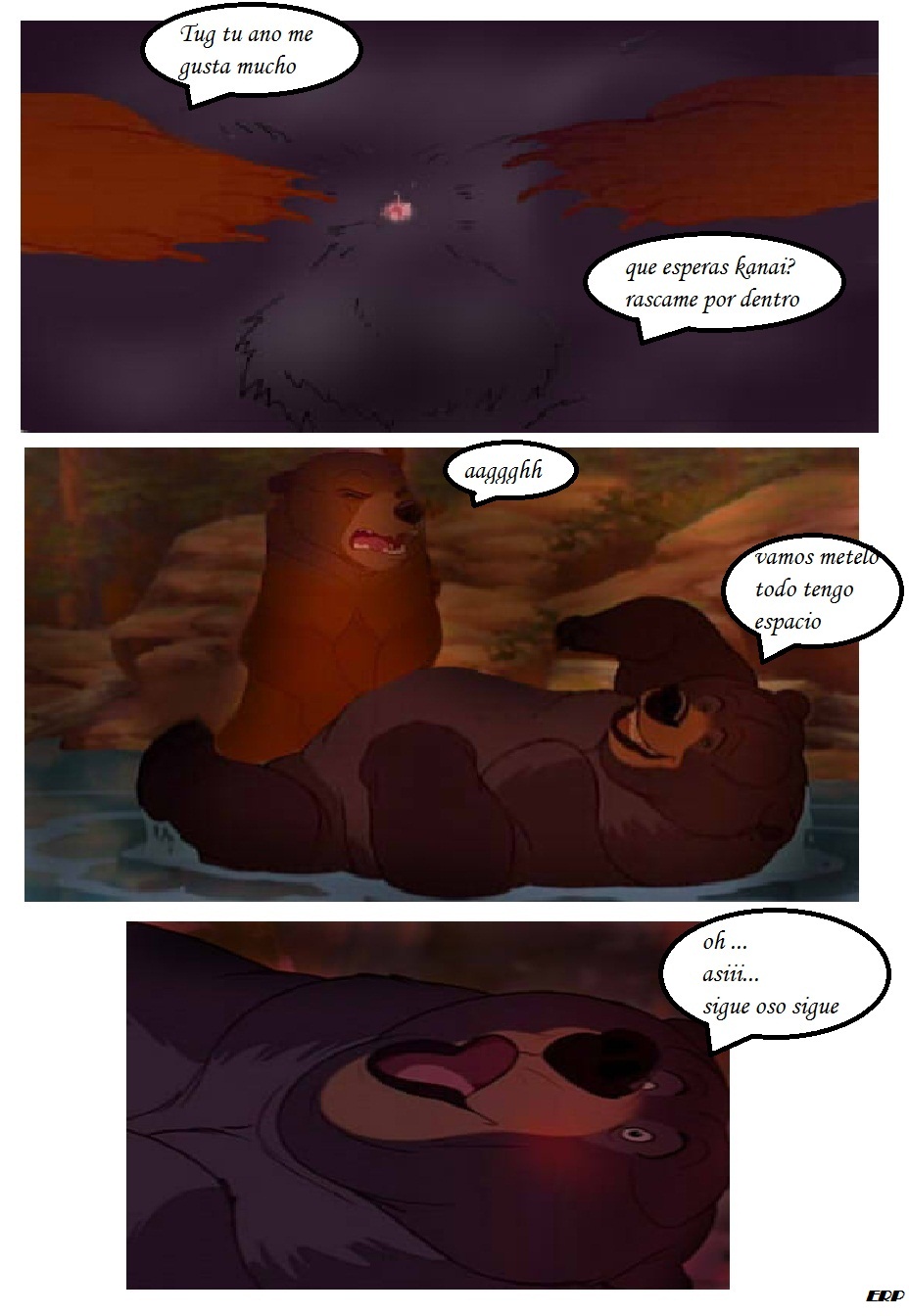 bear big_dom_small_sub brother_bear brown_eyes comic disney edit fellatio forced gay kenai larger_male male male_only mammal oral penis screencap sex size_difference smaller_male spanish_text text tug_(brother_bear) waterfall