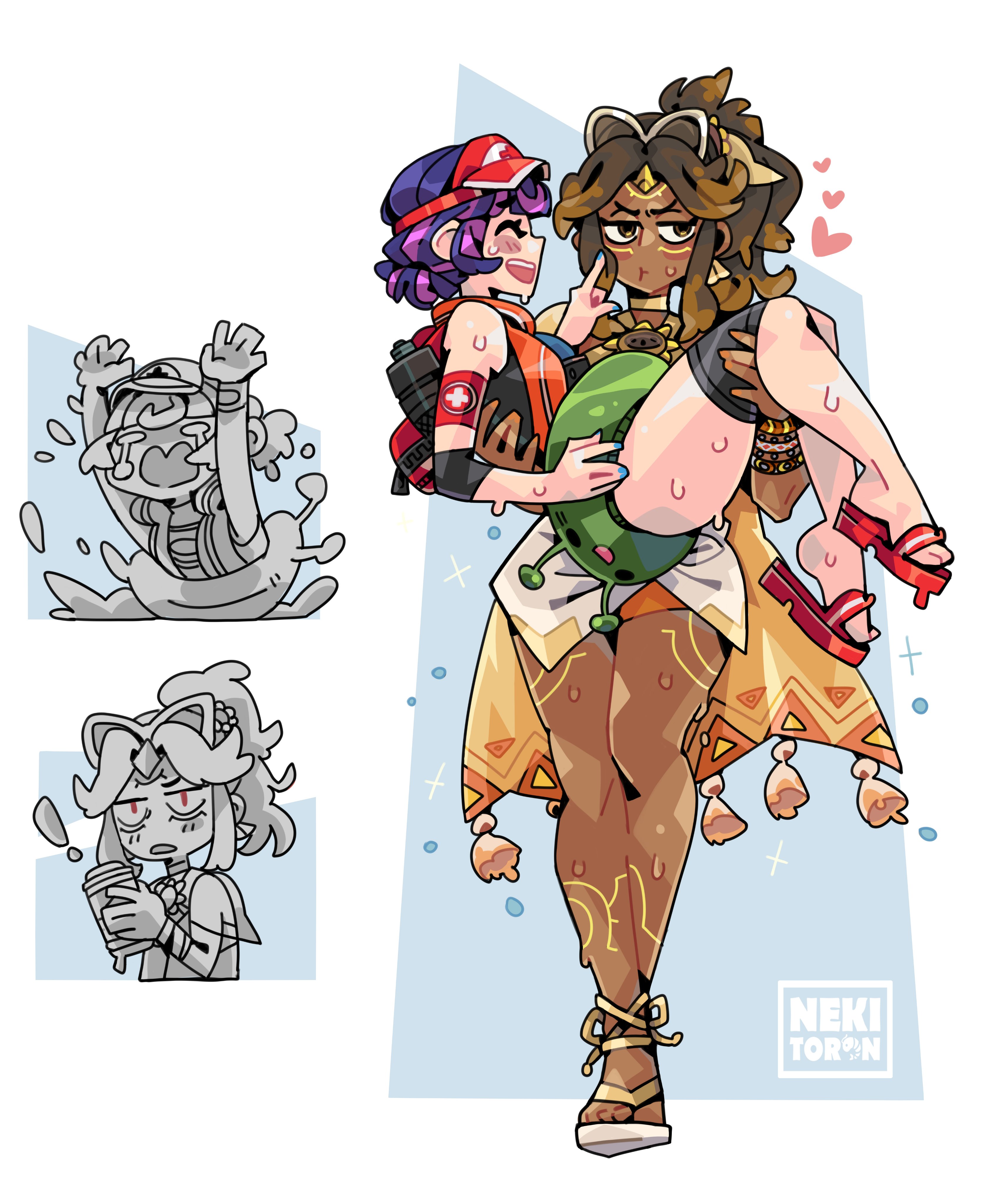 2025, 2d, 2d (artwork), 2girls, alternate costume, artist name, asian female, beach, being held, blizzard entertainment, blush, carrying another, carrying partner, cute, dark skin, dark-skinned female, female, female only, heroines, human, human only, illari (overwatch), illari quispe ruiz, interracial, juno (overwatch), latina, light skin, light-skinned female, nekitoototo, overwatch, overwatch 2, peruvian, peruvian female, poolside illari, questionable, relationship, romantic, sea, sfw, summer games series, swimsuit, teo minh, vietnamese, vietnamese female, wholesome, yuri