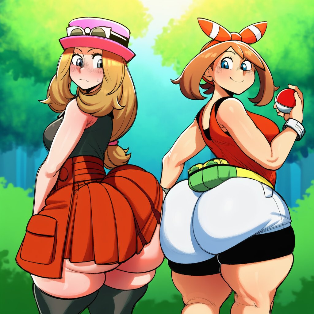 2girls, ai generated, ass, ass hanging out, ass hanging out of skirt, ass size difference, big ass, comparing asses, fat ass, female, huge ass, may (pokemon), pokemon, senko chan1, serena (pokemon), tagme, thick ass, thick thighs