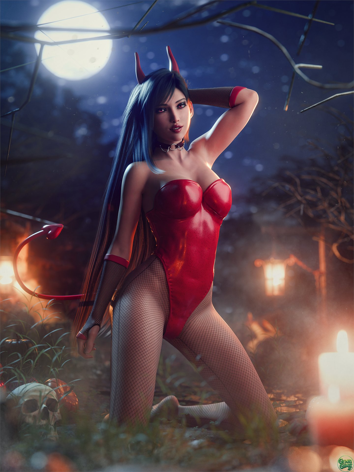 1girls, 2025, 3d, alternate version available, big breasts, black hair, breasts, choker, cleavage, detailed background, devil horns, devil tail, eyeliner, eyeshadow, fake horns, fake tail, female, female only, final fantasy, final fantasy vii, final fantasy vii remake, fishnet gloves, fishnet pantyhose, fishnets, front view, full body, full moon, gloves, greengiant3d, halloween, hand behind head, image set, kneeling, kneeling on ground, legs apart, leotard, lipstick, long hair, looking at viewer, mascara, navel, navel bulge, outdoors, plump lips, red eyes, red lipstick, shoeless, skimpy, skimpy clothes, skimpy costume, smile, solo, strapless leotard, tifa lockhart, very long hair
