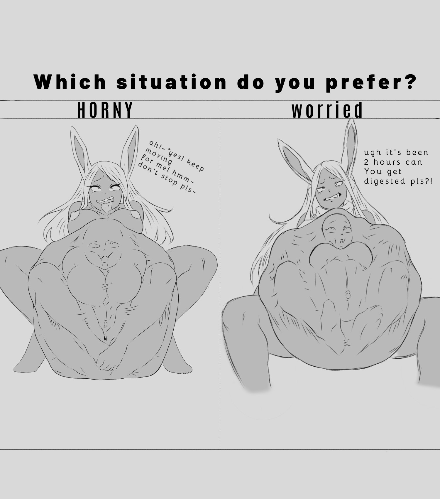 big belly, boku no hero academia, bunny ears, digestion, english text, hyper, hyper belly, miruko, my hero academia, open mouth, rumi usagiyama, tongue out, vore, vore belly
