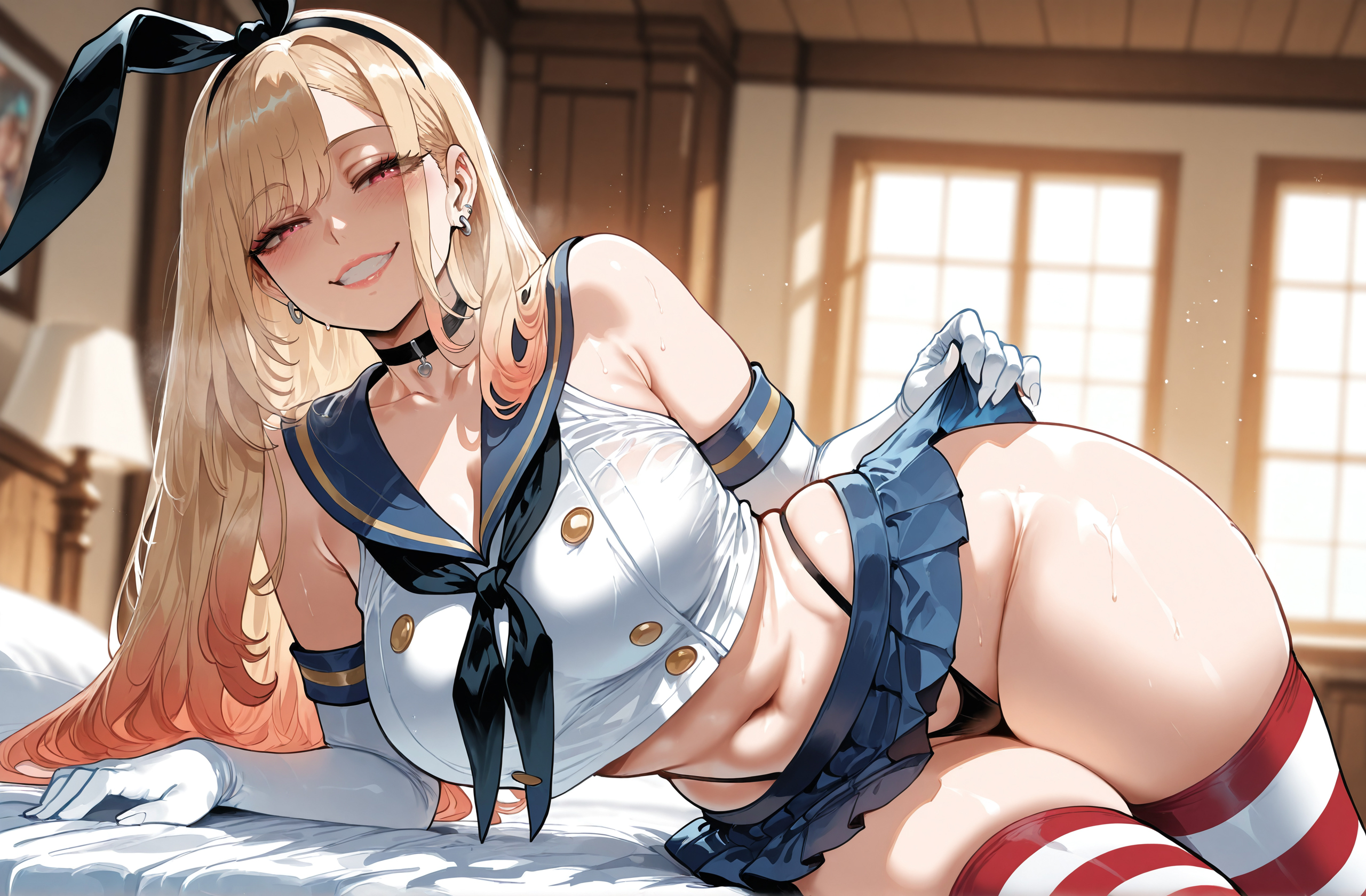 1girls, ai generated, bangs, barbell piercing, bare shoulders, bed, bed sheet, bedroom, black choker, black clothes, black hairband, black neckerchief, black panties, black underwear, blonde hair, blue sailor collar, blue skirt, blurry background, blush, breasts, buttons, cameltoe, choker, clothes lift, clothing, collarbone, cosplay, crop top, crossover, curvaceous, curvaceous female, curvaceous figure, curvy, curvy figure, ear piercing, earrings, elbow gloves, female, female focus, female only, gloves, gradient hair, grin, hairband, headwear, highleg, highleg panties, indoors, inviting, jewelry, kitagawa marin, lamp, large breasts, legwear, lifted by self, long hair, looking at viewer, lying, microskirt, midriff, miniskirt, miyuai, multicolored hair, navel, neckerchief, on bed, on side, panties, pantsu, parted lips, piercing, pleated skirt, presenting, presenting ass, presenting breasts, presenting hindquarters, presenting self, red eyes, red thighhighs, sailor collar, school uniform, seductive, seductive look, seductive smile, serafuku, shimakaze (kancolle), shimakaze (kancolle) (cosplay), shimakaze (kantai collection), shimakaze (kantai collection) (cosplay), shirt, skindentation, skirt, skirt lift, sleeveless, smile, solo, sono bisque doll wa koi wo suru, stomach, striped, striped clothes, striped legwear, striped thighhighs, sweat, teeth, thick thighs, thighhighs, thighs, thong, underwear, uniform, voluptuous, voluptuous female, white gloves, window