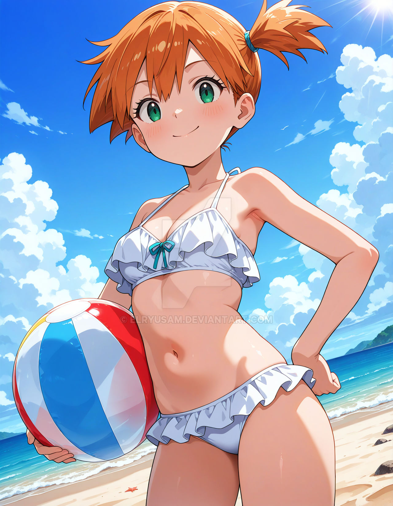 2025, 4kids entertainment, ai generated, anime, beach background, deviantart, elryusam, female, female only, grinning at viewer, hand on hip, holding beachball, kasumi (pokemon), looking at viewer, nintendo, pokemon, smile at viewer, smiling at viewer, white bikini
