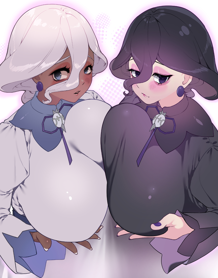 2girls, big breasts, black eyes, breast focus, breast to breast, breasts, chocolate and vanilla, clothing, dark skin, dark-skinned female, dress, ear piercing, earrings, female, female only, game freak, hair, half-closed eyes, hand on breast, hex maniac, hex maniac (pokemon legends: z-a), huge breasts, large breasts, light skin, light-skinned female, nail polish, nails, occult maniac, occult maniac (pokemon legends: z-a), occult maniac (pokemon), occult maniac (z-a), pokemon, pokemon legends: z-a, purple dress, purple eyes, purple hair, purple nail polish, purple nails, shiny hex maniac, shiny occult maniac, sumisumii, upper body, white dress, white hair, white nail polish, white nails