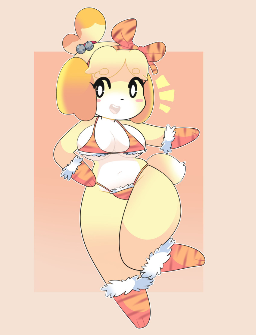 animal crossing, anthro, bikini, breasts, canid, canine, canis, domestic dog, female, isabelle (animal crossing), nintendo, oni punch, onigiri punch, solo, swimsuit