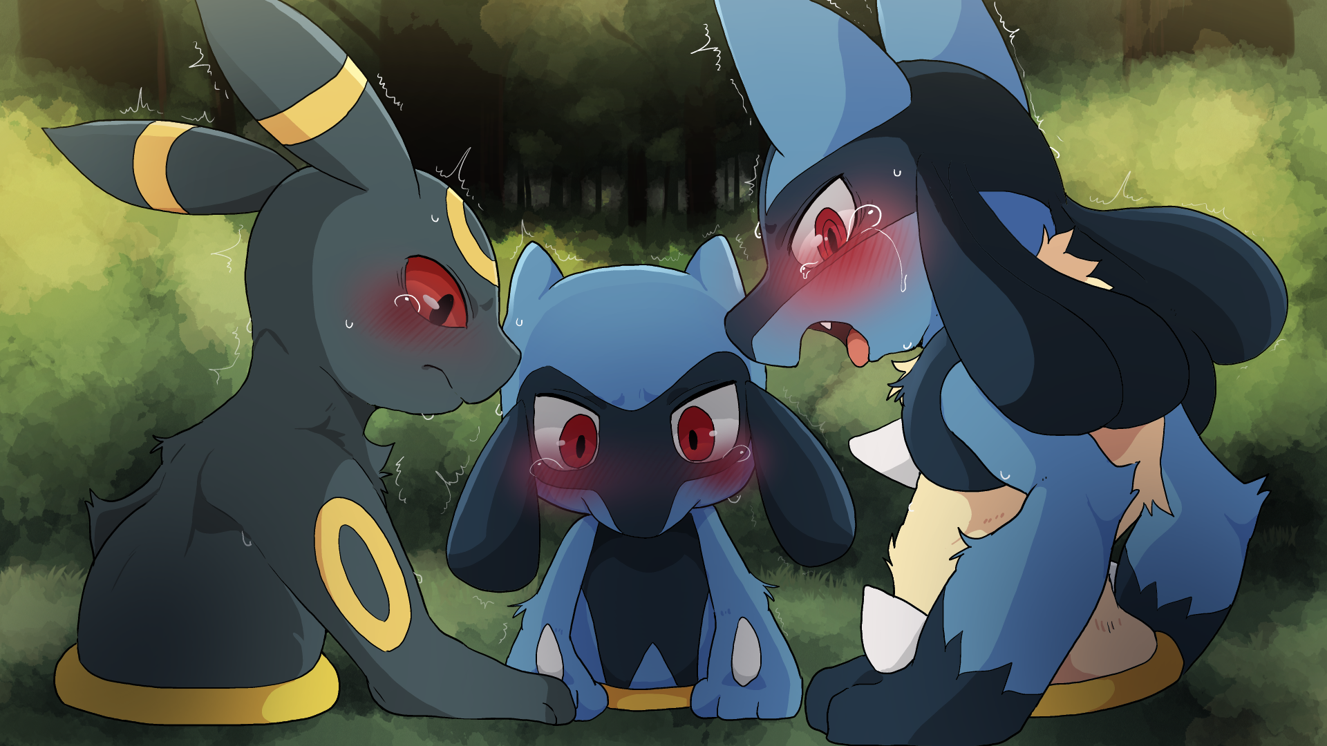 16:9, ambiguous gender, ambiguous only, anthro, blush, bodily fluids, cute fangs, dagasi, detailed background, eeveelution, feral, furry, group, hi res, lucario, nintendo, open mouth, outside, pokemon, pokemon (species), portal, portal ring, red eyes, riolu, stuck, stuck in ground, sweat, tears, umbreon, video games, widescreen