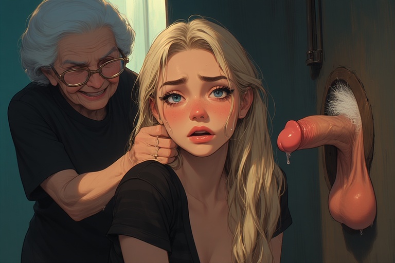 1boy, 2girls, against will, ai generated, angry, angry expression, angry eyes, angry face, black t-shirt, blonde female, blonde hair, blonde hair female, blonde-haired female, blue eyes, blush, blushed face, blushing female, cum, cum drip, cum dripping, cum dripping from penis, female, forced, forced blowjob, forced oral, glasses, glory hole, grabbing neck, grandma, hag, male, old male, older female, older male, penis, punished, punishment, revenge, sad, t-shirt, teaching a lesson, teenage female, teenager, white pubic hair