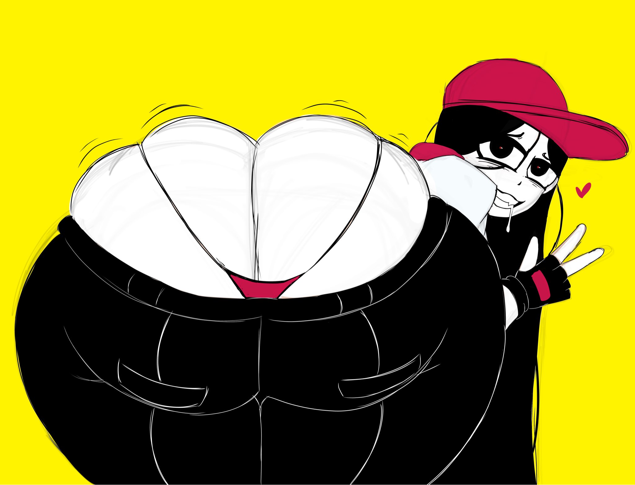 1girls, alternate version available, ass, ass cleavage, ass focus, ass shake, ass up, baseball cap, big ass, bottomwear, bottomwear halfway down, butcher vanity (synthesizer v), exposed ass, fat ass, female, flavor foley, from behind, grin, grinning at viewer, hat, huge ass, jacket, large ass, looking at viewer, looking back, mv character, panties, red hat, red panties, shaking ass, simple background, smile, solo, synthesizer v, tagme, teeth, thesushisensei, underwear, vimalion pro, white jacket, white skin, yellow background, yi xi (synthesizer v)