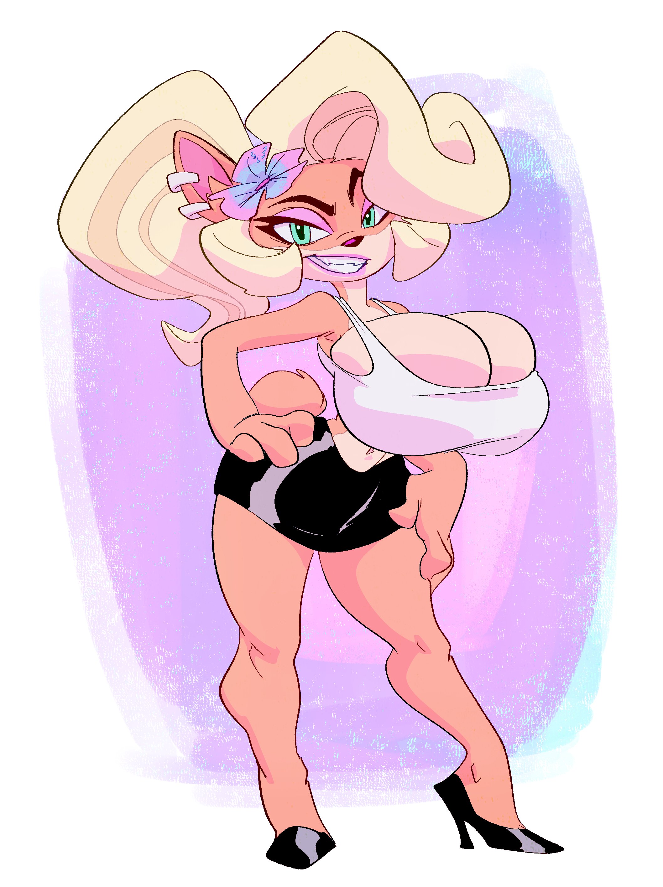 absurd res, activision, anthro, ass, bandicoot, bedroom eyes, big ass, big breasts, big butt, blonde hair, breasts, cleavage, clothed, clothing, coco bandicoot, crash (series), eyeshadow, female, green eyes, hair, hand on ass, hand on butt, hi res, huge breasts, lipstick, looking at viewer, makeup, mammal, marsupial, narrowed eyes, ponytail, seductive, slb, solo, tight clothing, video games, wide hips