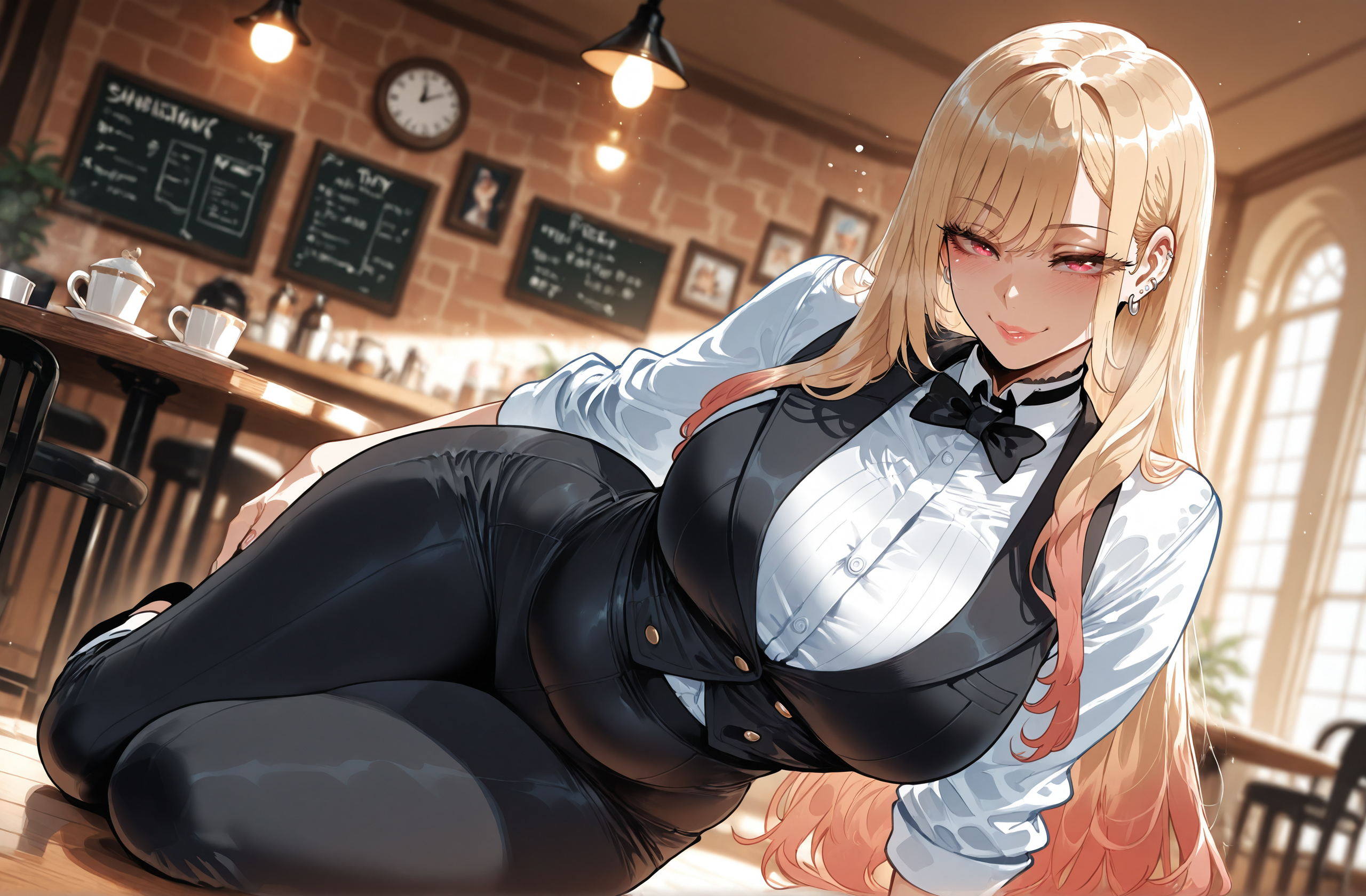 1girls, ai generated, arm support, bangs, barbell piercing, black bow, black bowtie, black choker, black pants, black vest, blonde hair, blurry background, blush, bow, bowtie, breasts, buttons, cafe, chair, choker, closed mouth, clothing, collared shirt, colored tips, cup, curvaceous, curvaceous female, curvaceous figure, curvy, curvy figure, dress shirt, ear piercing, earrings, female, female focus, female only, gradient hair, indoors, industrial piercing, jewelry, kitagawa marin, large breasts, lips, long hair, long sleeves, looking at viewer, lying, miyuai, multicolored hair, on side, pants, piercing, red eyes, shirt, sitting, sleeves rolled up, smile, solo, sono bisque doll wa koi wo suru, table, teacup, thighs, vest, voluptuous, voluptuous female, wall clock, white shirt