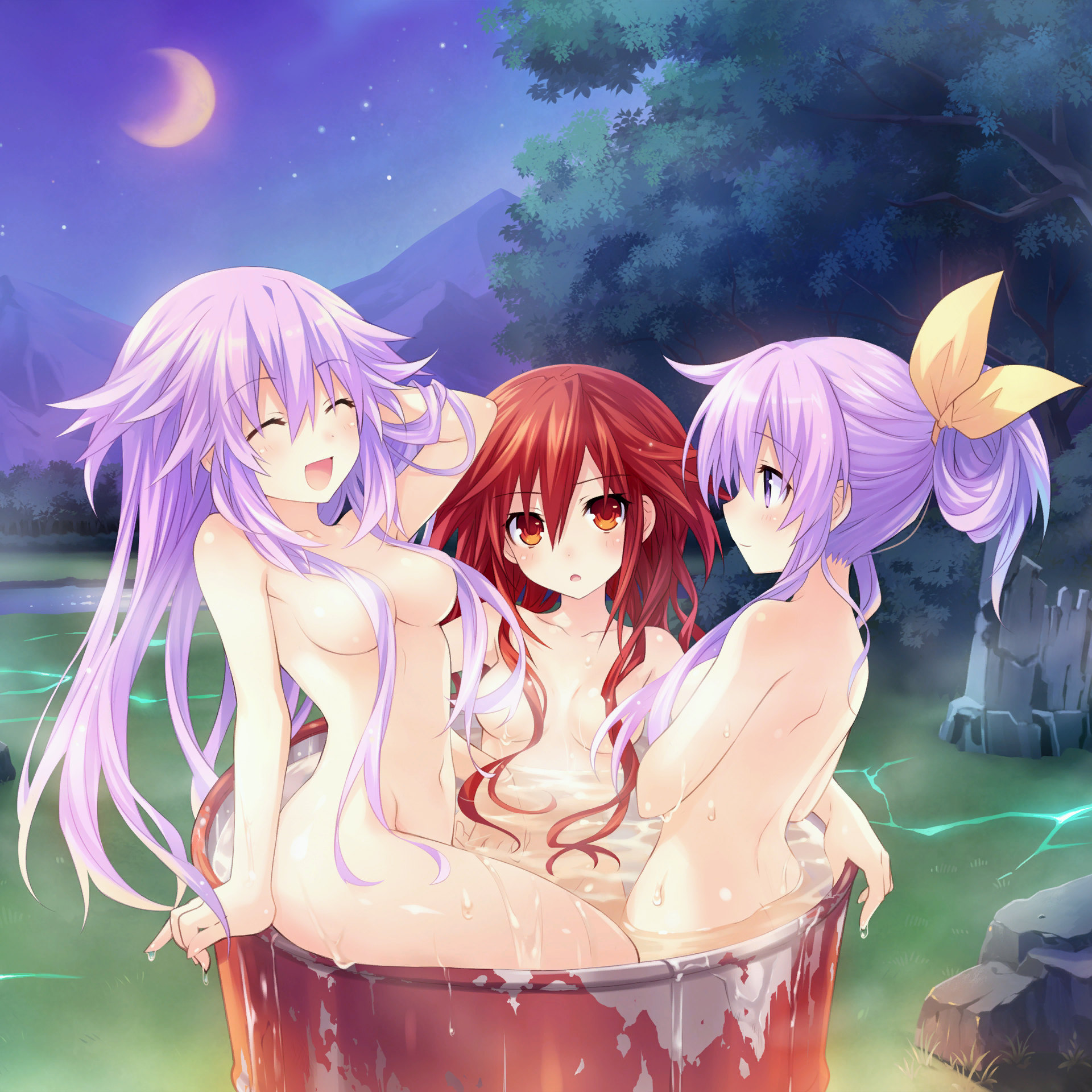 ^ ^, 2016, 3girls, adult neptune, bathing, breasts, compile heart, convenient censoring, drum (container), female, forest, game cg, hair ribbon, highres, idea factory, long hair, moon, multiple females, multiple girls, nepgear, neptunia (series), night, nipples, nude, official art, open mouth, outdoors, partially submerged, ponytail, purple eyes, purple hair, red eyes, red hair, ribbon, rock, shared bathing, sky, smile, stars, tied hair, tsunako, uzume tennouboshi, very long hair, water, wet