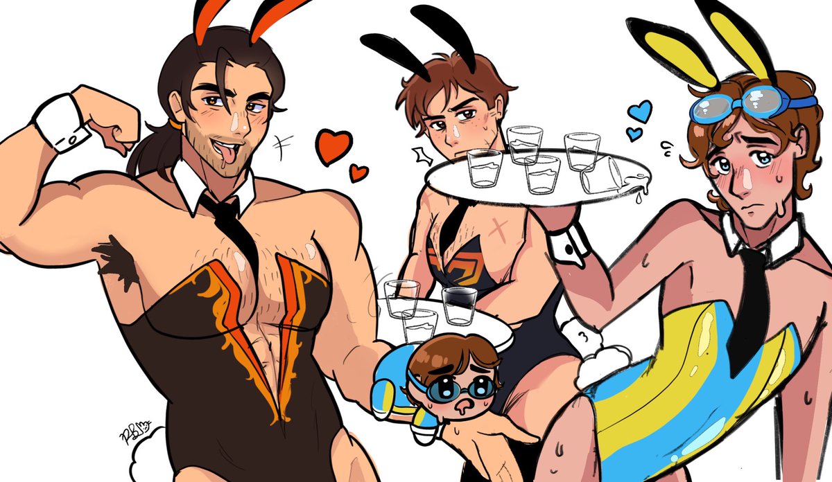 3femboys, bunny boy, bunny costume, bunny ears, bunnysuit, dispatch (game), femboy, femboy dilf, flambae, gay, hairy armpits, heart, heart symbol, male, male only, robert robertson, starzofself, take your pick, waterboy (dispatch), yaoi