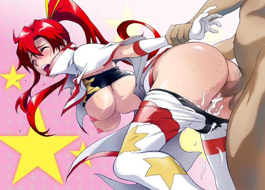 1boy areolae ass bent_over blush breasts breasts_out censored closed_eyes female hanging_breasts konkitto long_hair nipples open_mouth penis ponytail red_hair sex source_request space_yoko tengen_toppa_gurren_lagann tied_hair vaginal_penetration yoko_littner