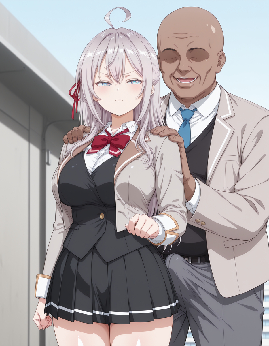 1boy, 1girls, ahoge, ai generated, alisa mikhailovna kujou, angry face, blue eyes, breasts, bulge, dark skin, dark-skinned male, erection, erection under clothes, faceless male, female, interracial, large breasts, light skin, light-skinned female, male, school uniform, schoolgirl, skirt, straight, tokidoki bosotto russian de dereru tonari no alya-san, white hair