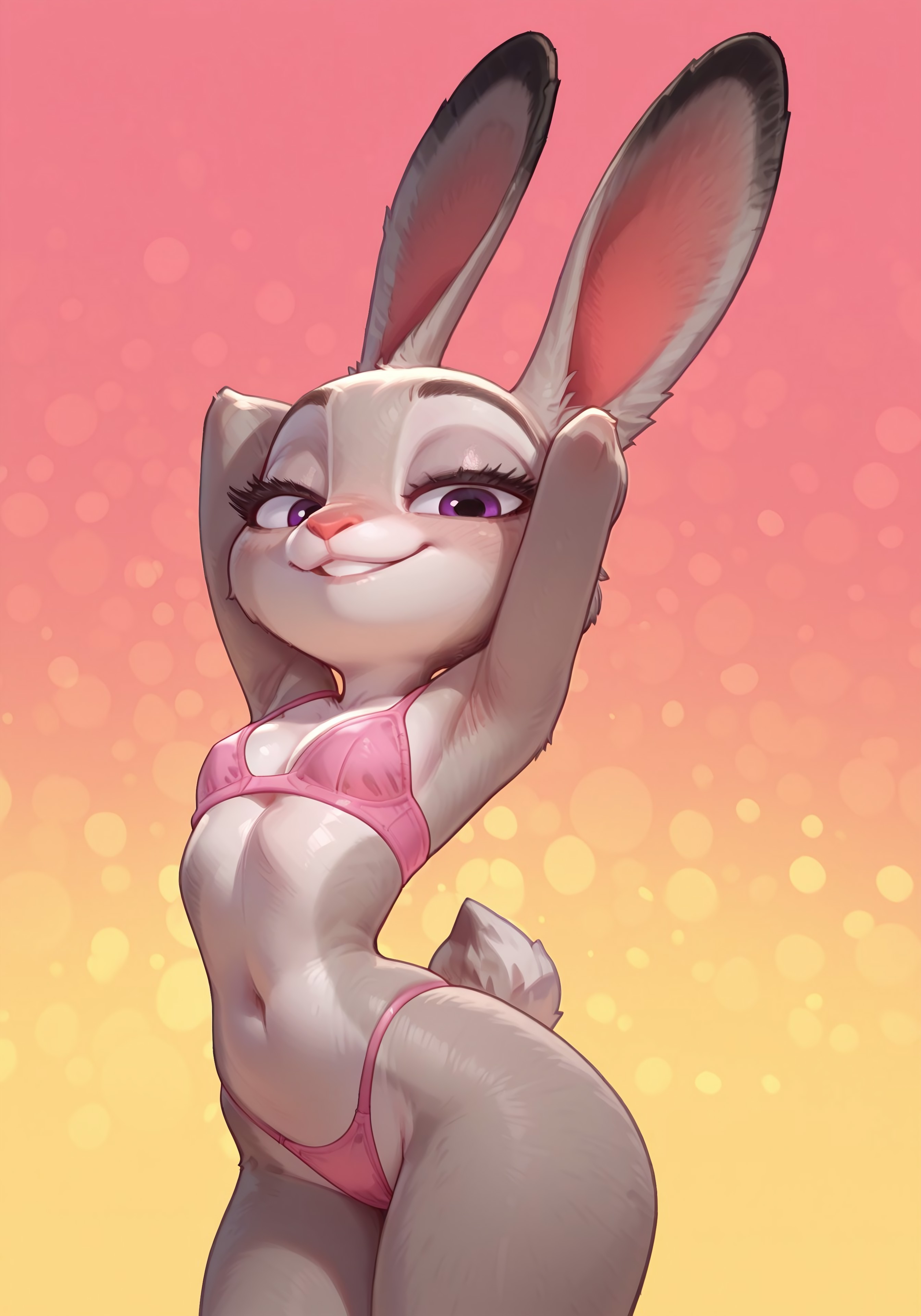 1girls, ai generated, anthro, blush, bra, breasts, buckteeth, cisky, disney, female, female only, furry, judy hopps, lagomorph, looking at viewer, navel, rabbit, solo, teeth, underwear, zootopia