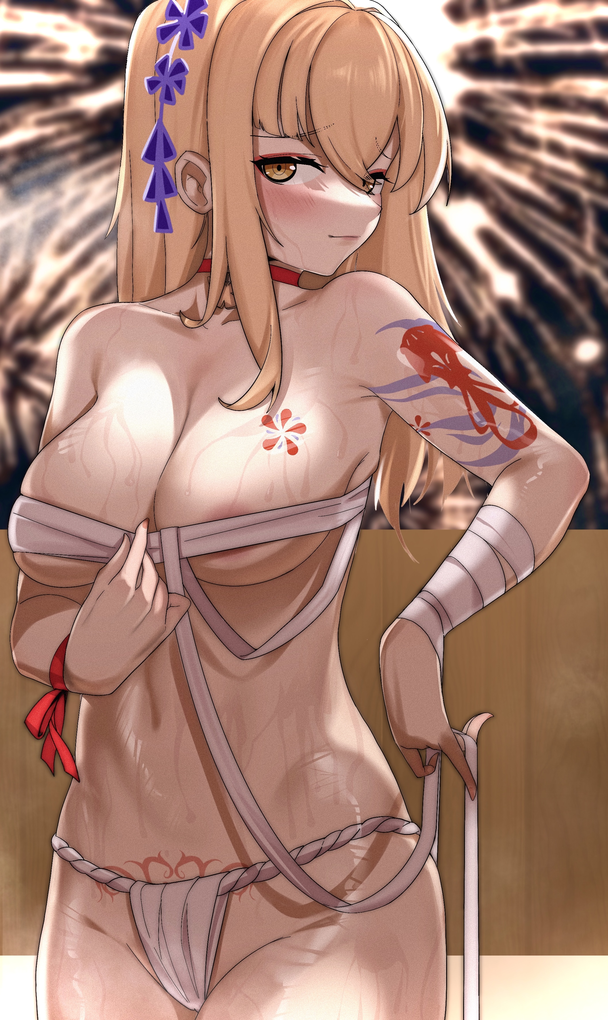 1girls, absurd res, alternate version available, bandage, bandaged arm, bandages, breasts, cleavage, cloudy rain4, eyebrows visible through hair, female, female only, genshin impact, hi res, long hair, solo, solo female, sweat, sweating, tattoo, yoimiya (genshin impact)