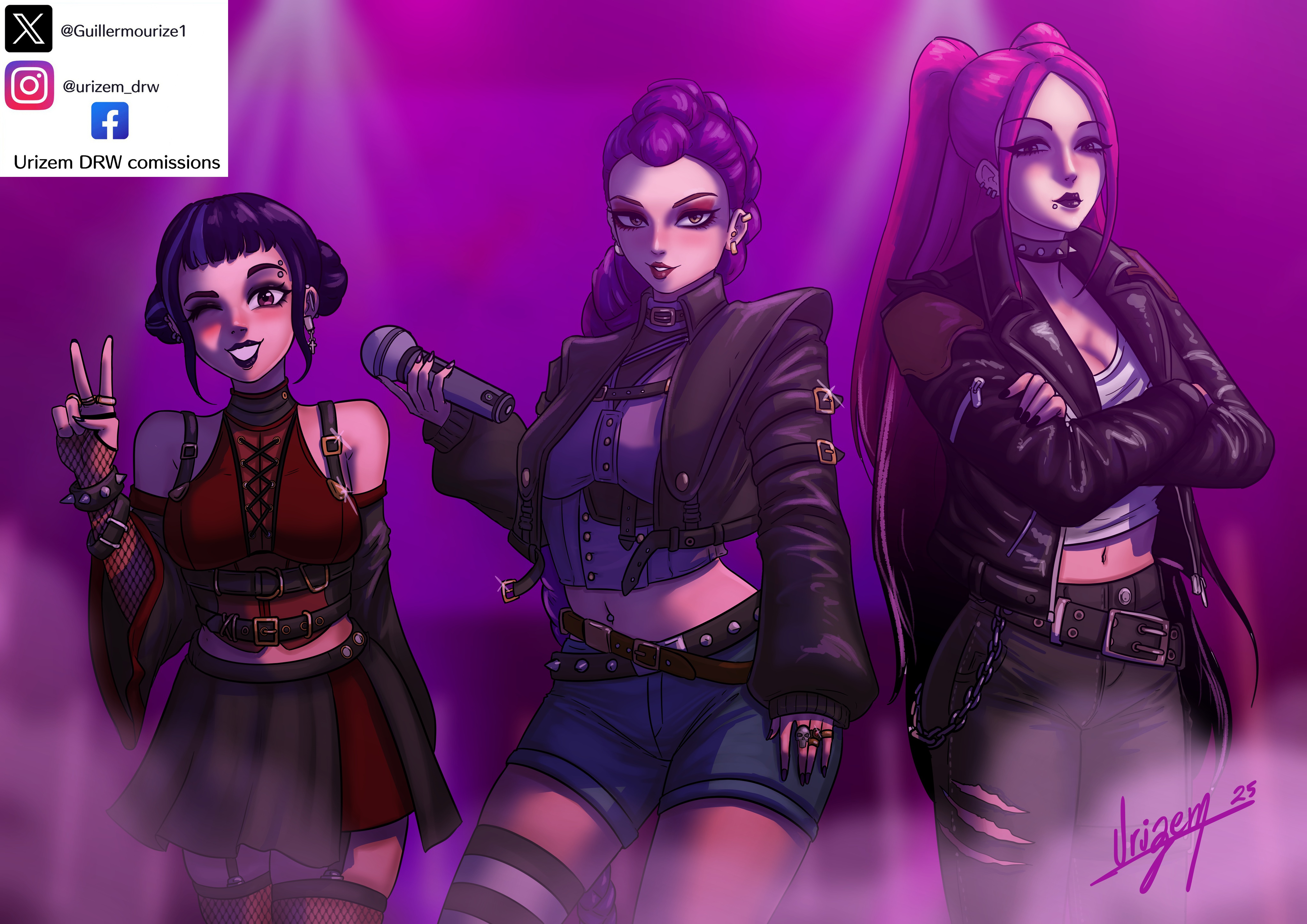 female, goth, goth girl, gothic, gothic girl, gothified, kpop demon hunters, leather clothing, leather jacket, long hair, mira (kpop demon hunters), no sex, pink hair, purple hair, rumi (kpop demon hunters), short hair, urizem, urizem drw, zoey (kpop demon hunters)