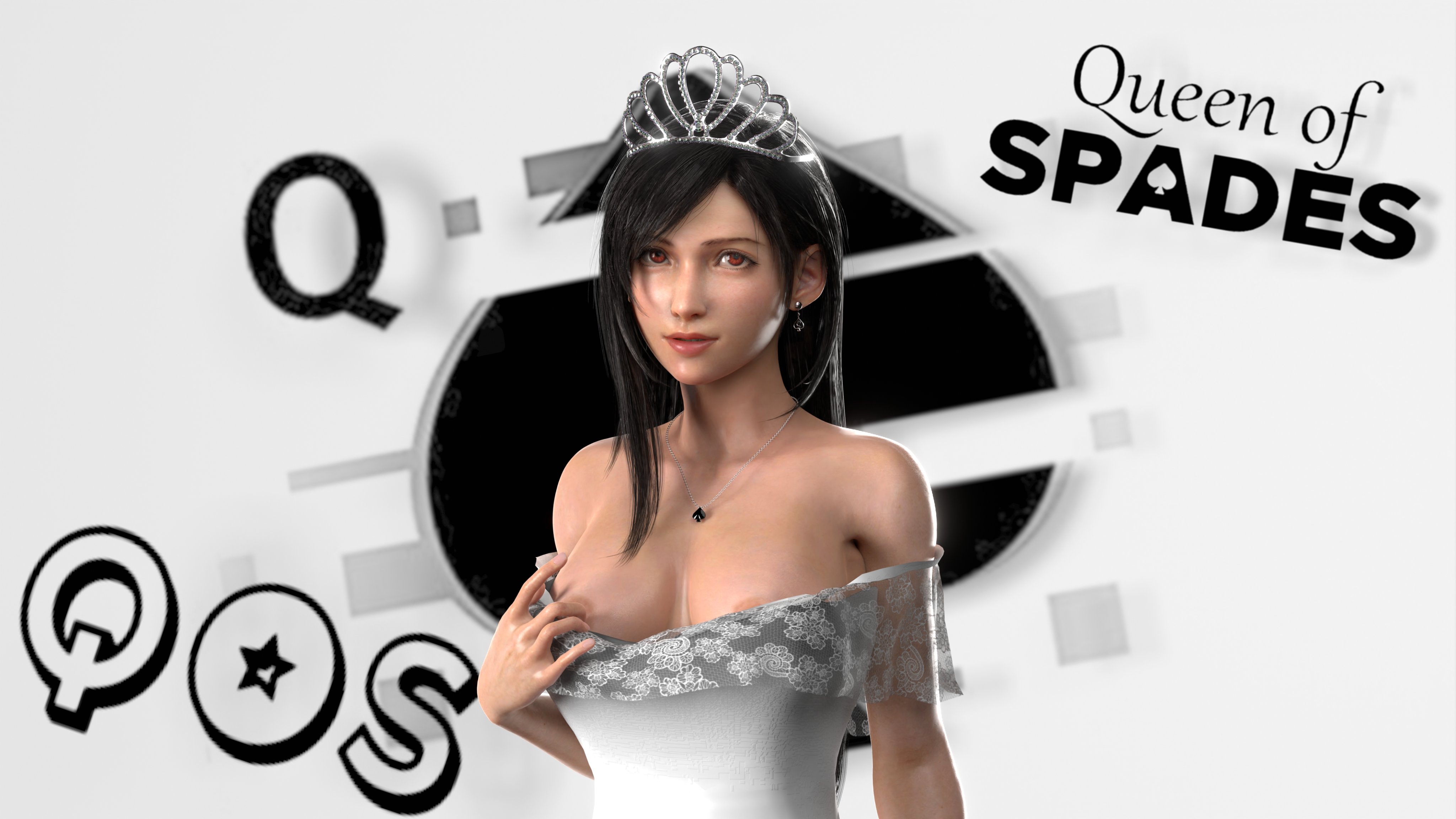 3d, areolae visible through clothing, black hair, crown, female, final fantasy, final fantasy vii, final fantasy vii remake, looking at viewer, mieni3d, necklace, nipple bulge, nipple outline, nipple slip, nipples visible through clothing, qos, queen of spades, queen of spades symbol, red eyes, solo, solo female, solo focus, tifa lockhart, white clothing