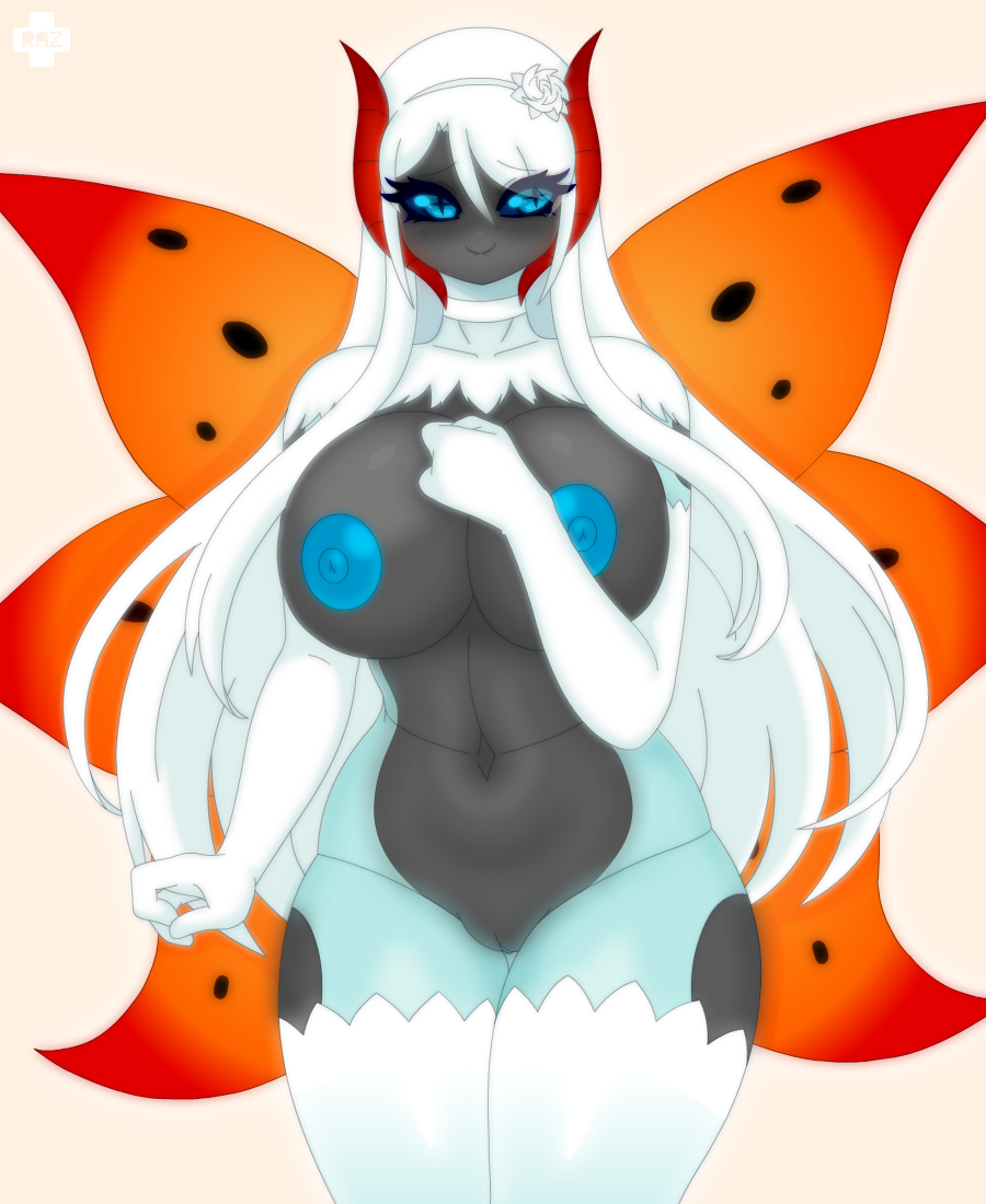 1girls anthro areolae belly big_breasts black_skin blue_eyes blue_skin blush breasts eyelashes female female_only flower hairband insect large_breasts lingerie long_hair looking_at_viewer mature_female moth nintendo nipples nude original_character pokemon pokemon_bw pussy razplus smile standing text thick_thighs volcarona voluptuous watermark white_hair wings