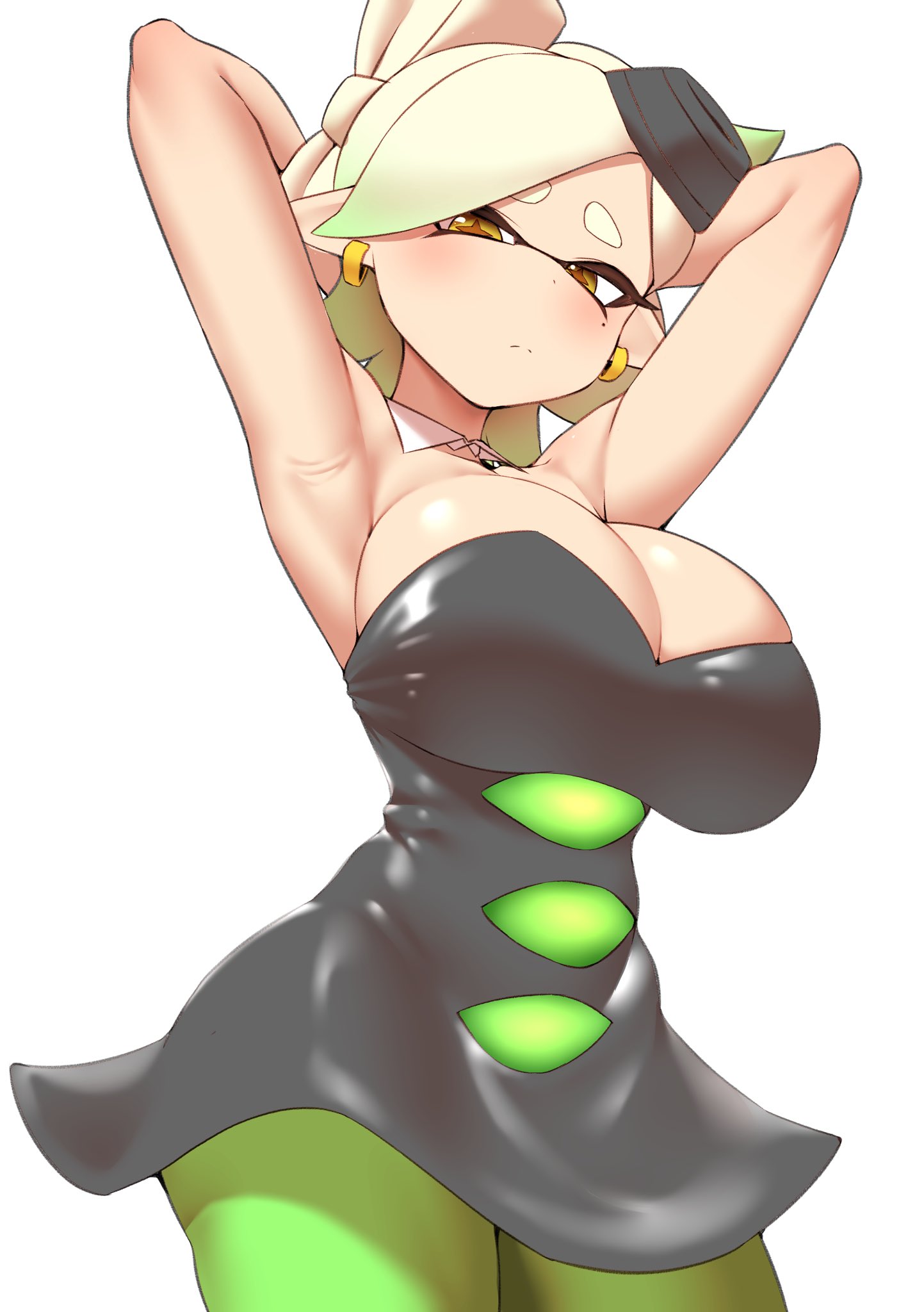 1girls, armpits, arms up, big breasts, breasts, cleavage, detached collar, earrings, female, huge breasts, inkling, large breasts, looking at viewer, marie (splatoon), nintendo, nobunagapero, pantyhose, pointy ears, simple background, solo, solo female, solo focus, splatoon, splatoon (series), squid sisters, tentacle hair, thighs, unusual pupils, white background