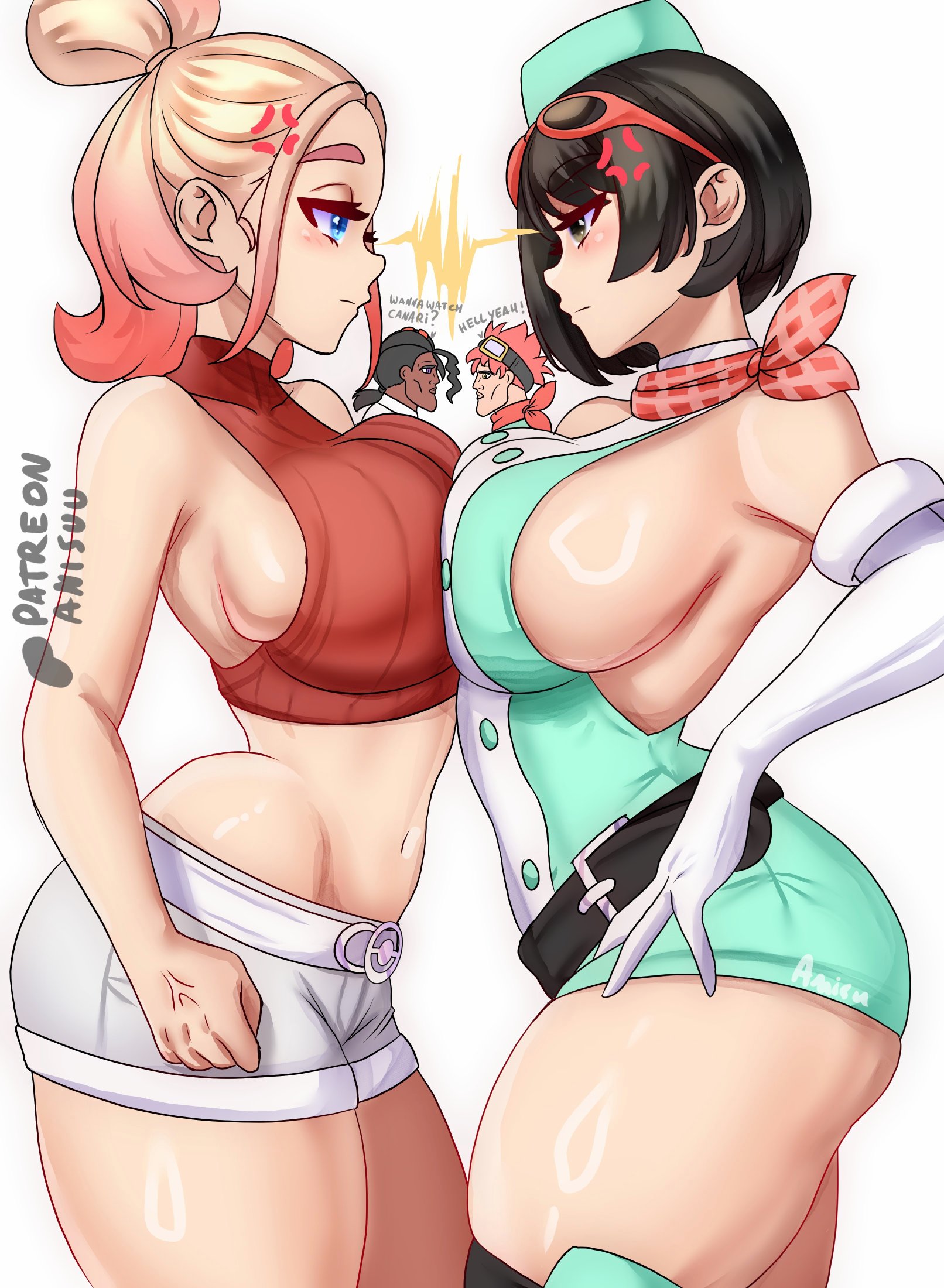 2boys, 2girls, anisdrawn, ass, big ass, breast press, breasts, crossover, curvaceous, curvaceous ass, curvaceous body, curvaceous female, curvaceous figure, curvaceous hips, curvaceous thighs, curvy, curvy body, curvy female, curvy figure, curvy hips, curvy thighs, dan yuki, digimon, digimon story, digimon story: time stranger, duo focus, female, female focus, game freak, kanan yuki, large ass, large breasts, light skin, light-skinned female, midriff, multiple boys, multiple females, naveen (pokemon), nintendo, pokemon, pokemon legends: z-a, pur (pokemon), taunie (pokemon), thick, thick ass, thick butt, thick hips, thick legs, thick thighs, thighs, townie (pokemon), voluptuous, voluptuous female, waifu, white background, wide hips, yuuki dan, yuuki kanan
