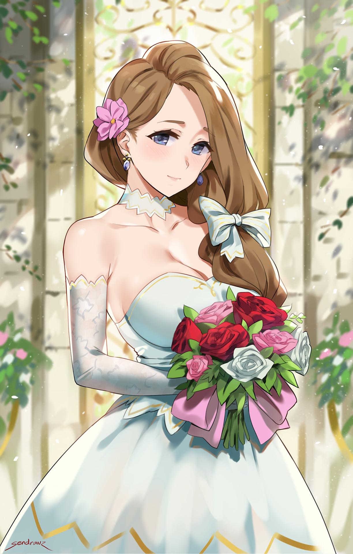 1girls, alternate hair color, artist signature, big breasts, blue eyes, blush, blushing, bouquet, breasts, bridal dress, bridal gauntlets, bride, brown hair, calm, cleavage, dress, earrings, elegant, female, female only, fire emblem, fire emblem: three houses, flower, flower in hair, flowers, hair over shoulder, happy, holding bouquet, holding flower, holding flowers, human, human only, long hair, looking to the side, loving gaze, loving look, mercedes von martritz, nintendo, pink flower, sendrawz, smile, smiling, solo, solo female, wedding, wedding bouquet, wedding dress, white dress, wholesome