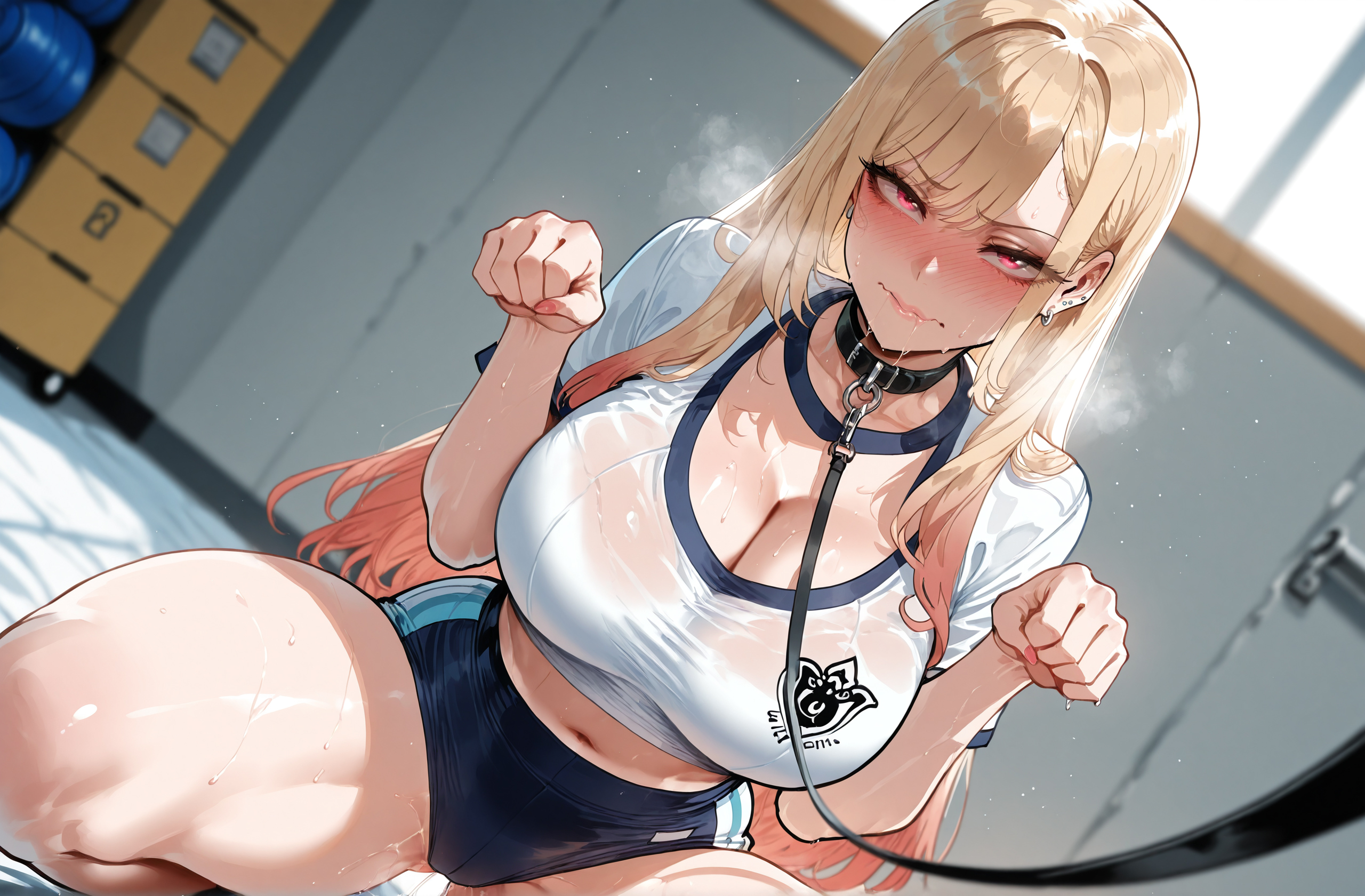 1girls, ai generated, bangs, barbell piercing, black collar, blonde hair, blue buruma, blurry background, blush, breasts, breath, buruma, choker, cleavage, closed mouth, clothing, collar, collarbone, colored tips, curvaceous, curvaceous female, curvaceous figure, curvy, curvy figure, ear piercing, earrings, female, female focus, female only, gradient hair, gym shirt, gym storeroom, gym uniform, heavy breathing, indoors, jewelry, kitagawa marin, large breasts, leash, long hair, looking at viewer, midriff, miyuai, multicolored hair, nail polish, navel, paw pose, pet play, petplay, piercing, pink eyes, red eyes, see-through, shirt, short sleeves, smile, solo, sono bisque doll wa koi wo suru, spread legs, squatting, steaming body, sweat, symbol-shaped pupils, teenage girl, thick thighs, thighs, viewer holding leash, voluptuous, voluptuous female, wet, wet clothes, white shirt