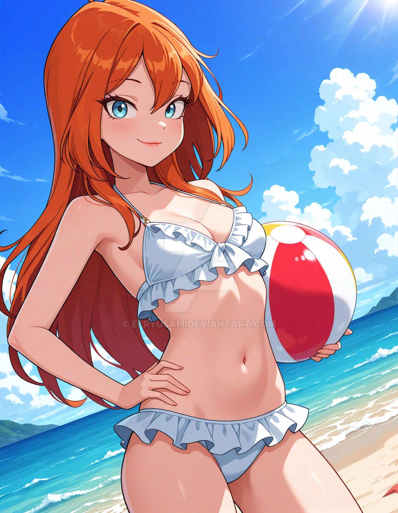 2025, ai generated, beach background, bloom (winx club), deviantart, deviantart watermark, diagonal angle, elryusam, female, female only, hand on hip, holding beachball, human, human only, looking at viewer, nickelodeon, nickelodeon animation studio, no wings, paramount animation, smile at viewer, smiling at viewer, viacom, watermark, winx club